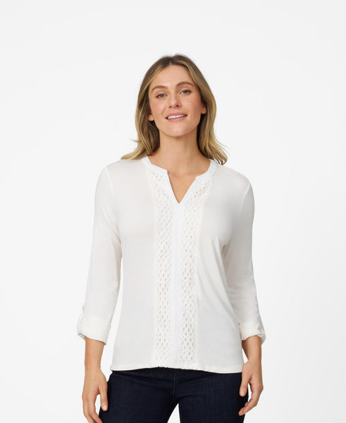 Cable and Gauge Womens Lace Trim Henley Top - Whisper White, large