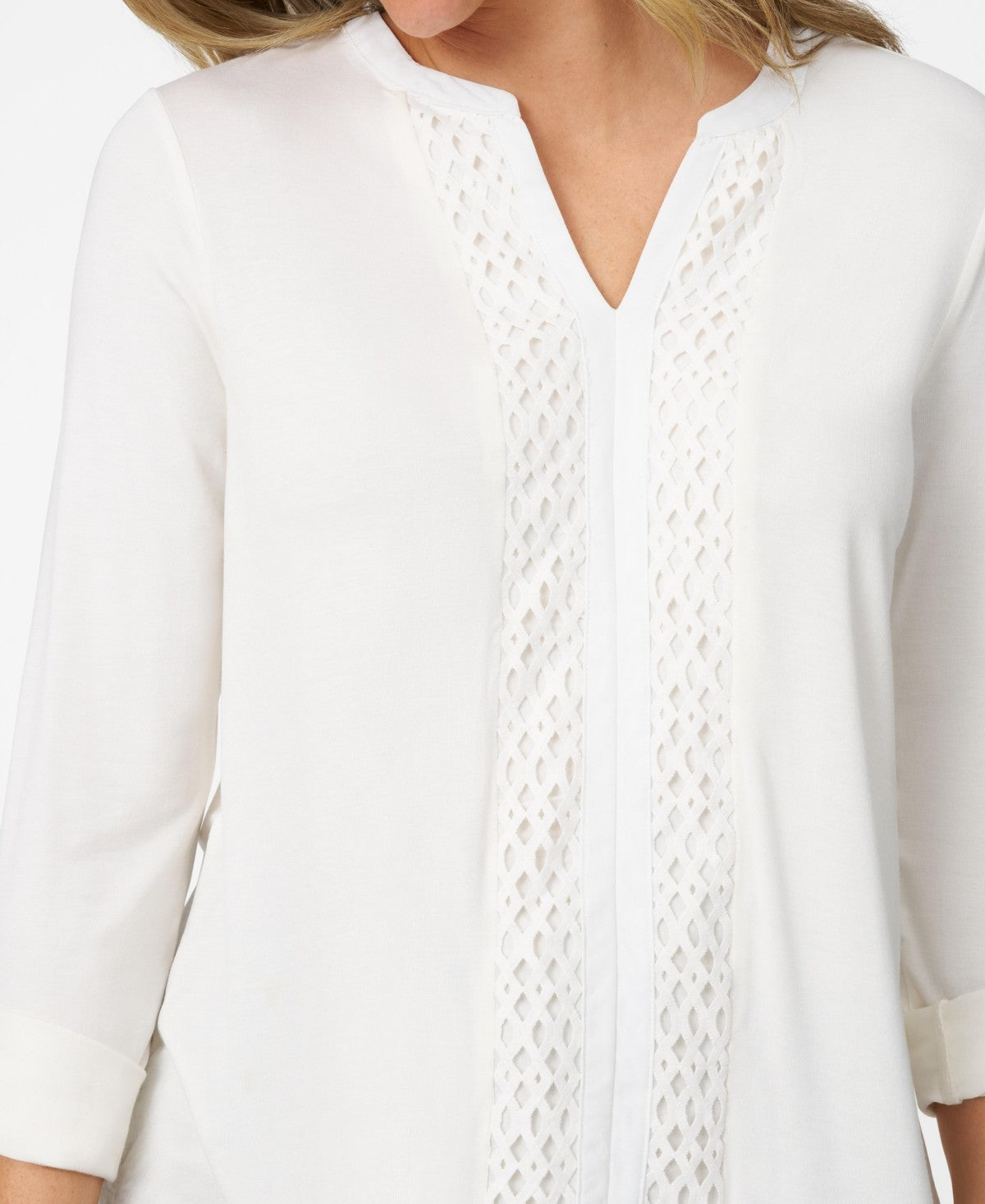 Cable and Gauge Womens Lace Trim Henley Top - Whisper White
