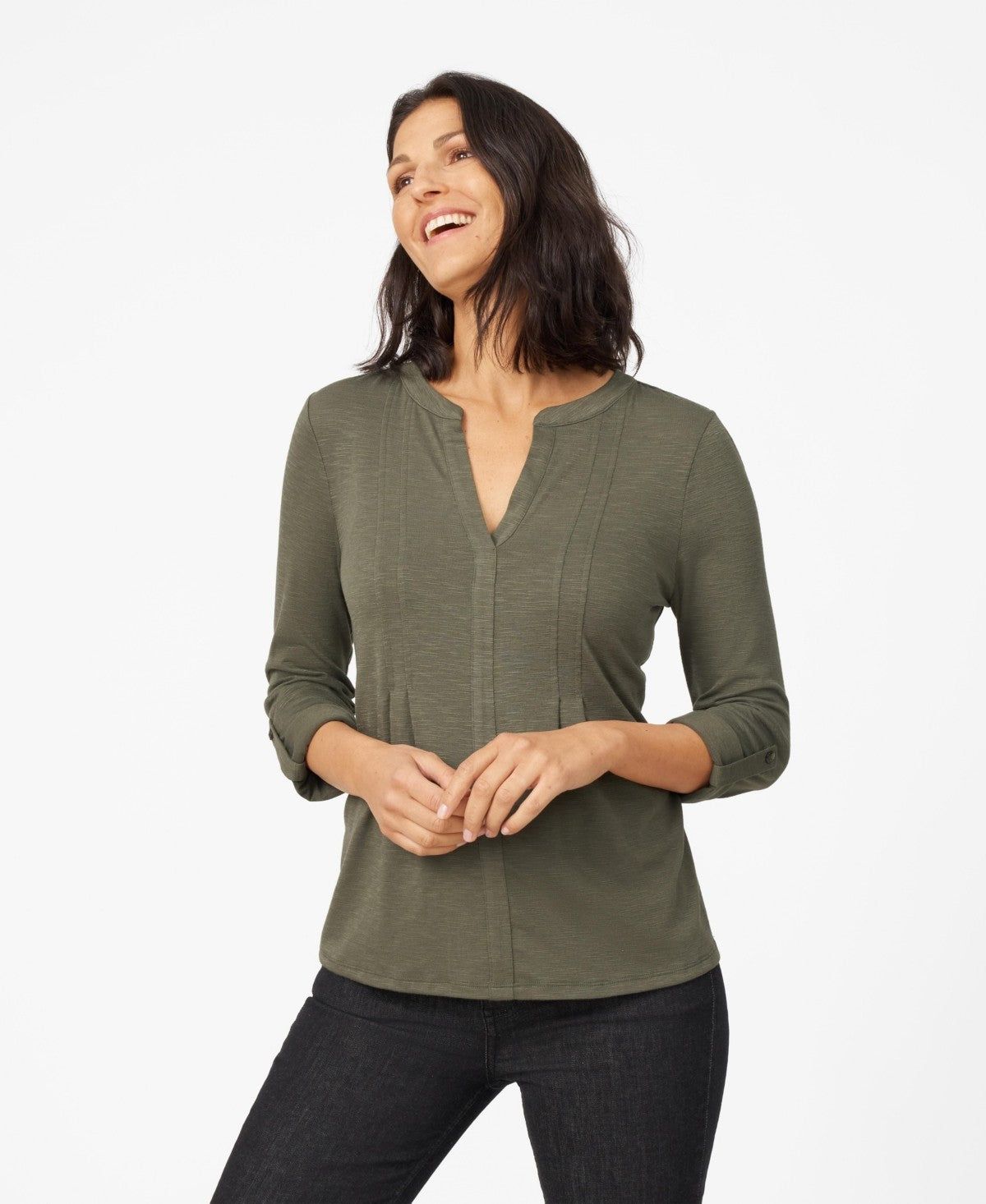 Cable and Gauge Womens Pintuck Pleat Henley Top - Dry Oregano, Small