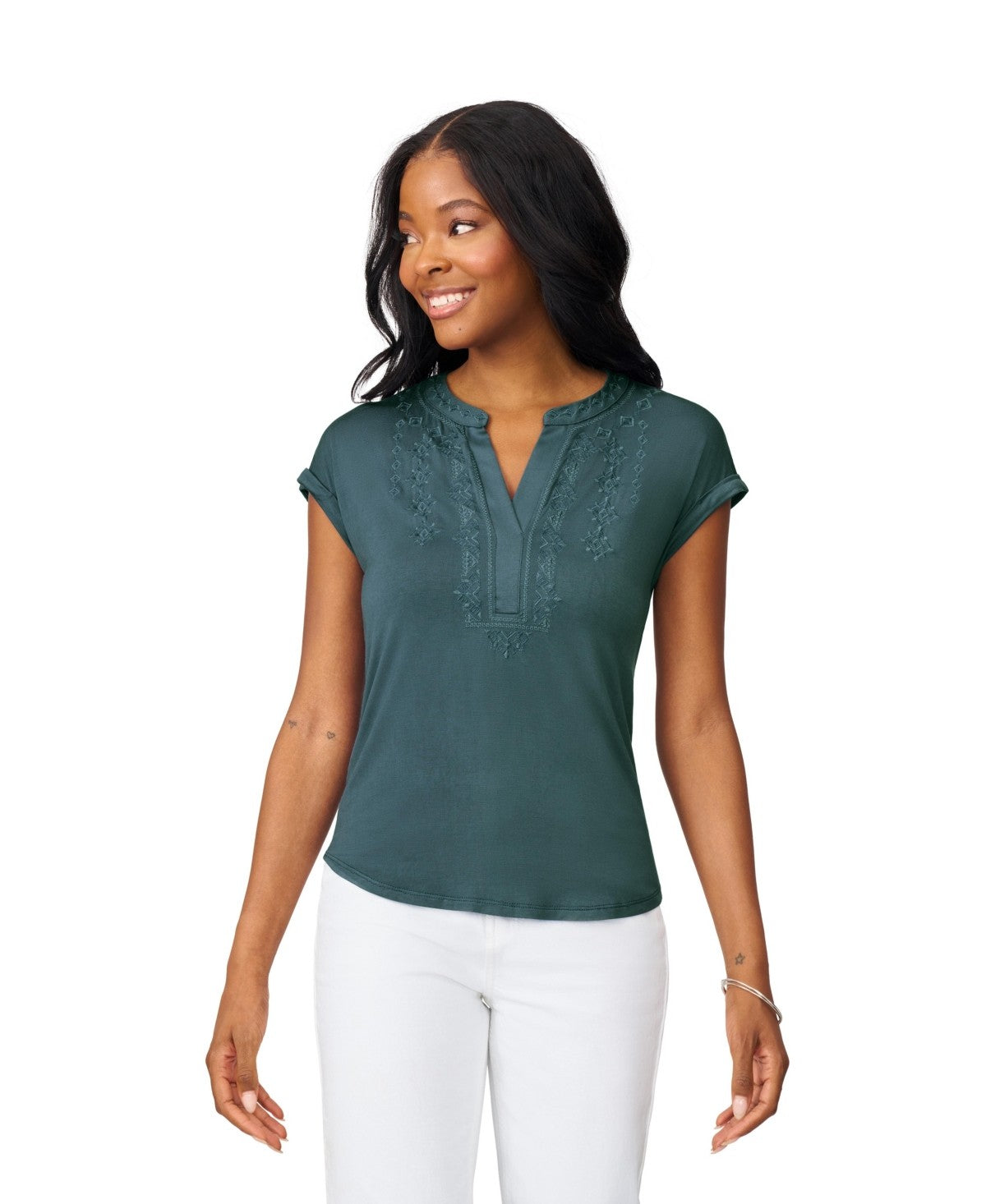 Cable and Gauge Womens Embroidered Henley Top, Medium