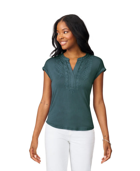 Cable and Gauge Womens Embroidered Henley Top, Medium