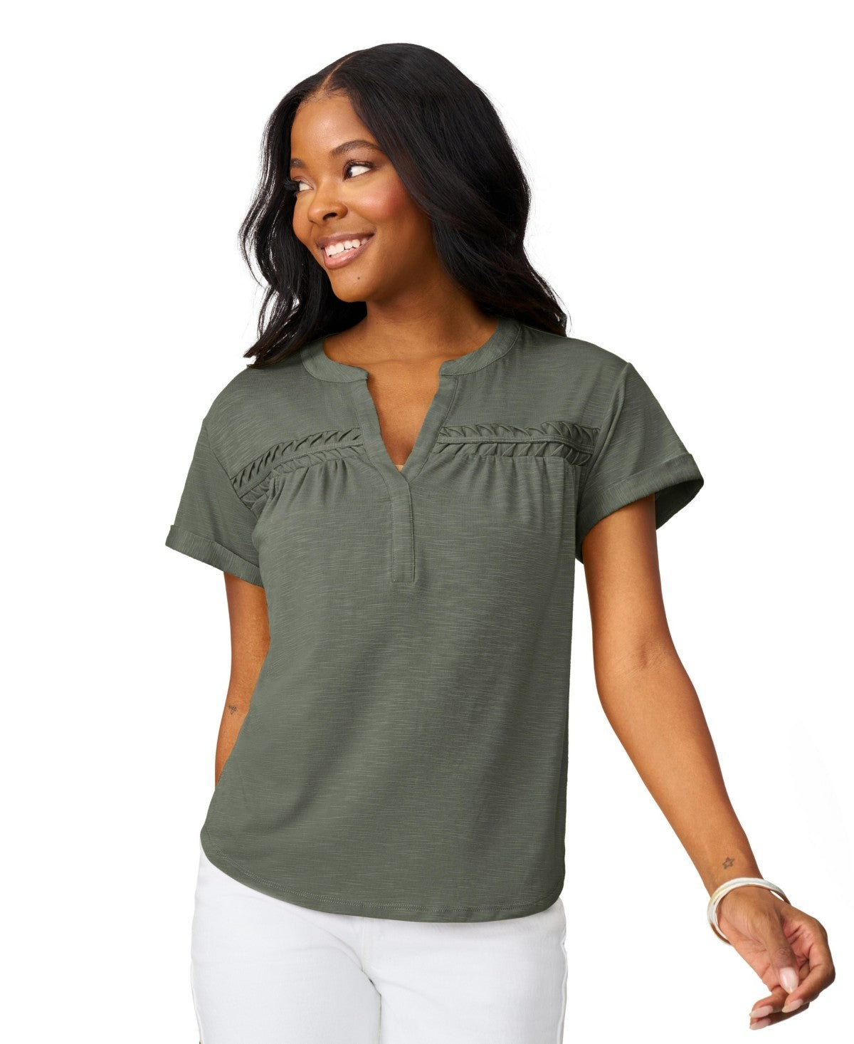 Cable and Gauge Womens Shirred Detail Short Sleeve Top, Medium