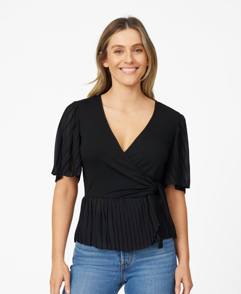 Cable and Gauge Womens Pleated Stretch Wrap Top - Jet Black, Medium