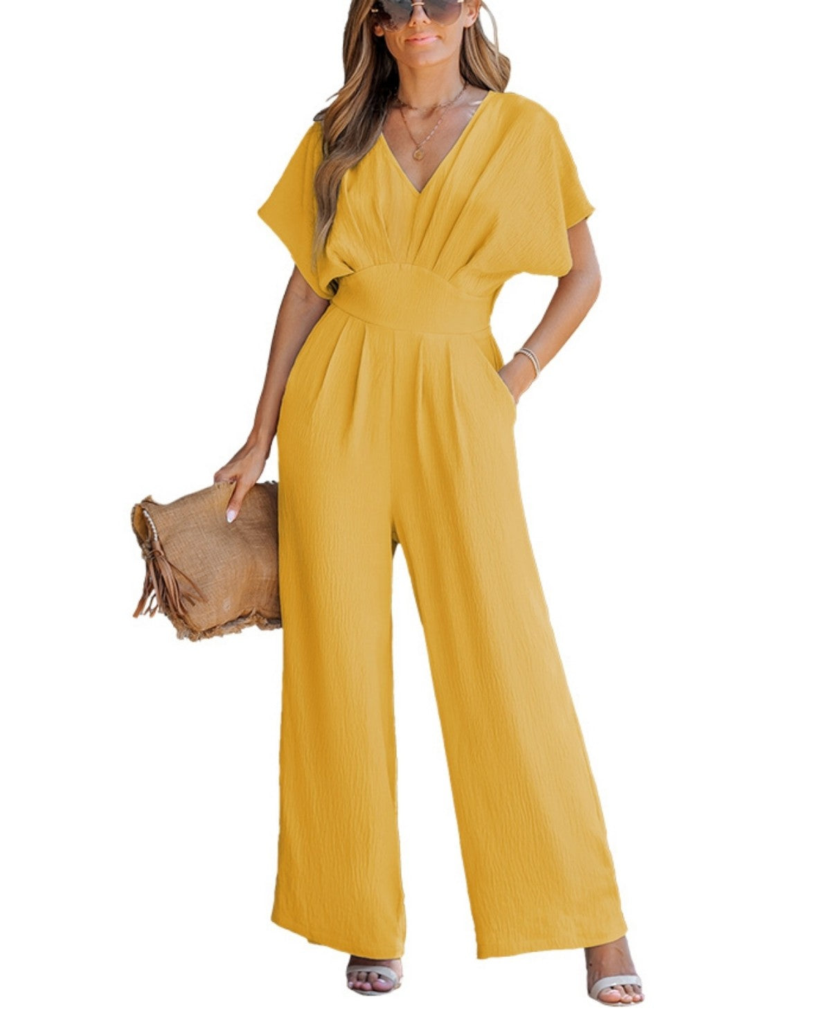 Cupshe Womens V-Neck Short Sleeve Straight Leg Jumpsuit
