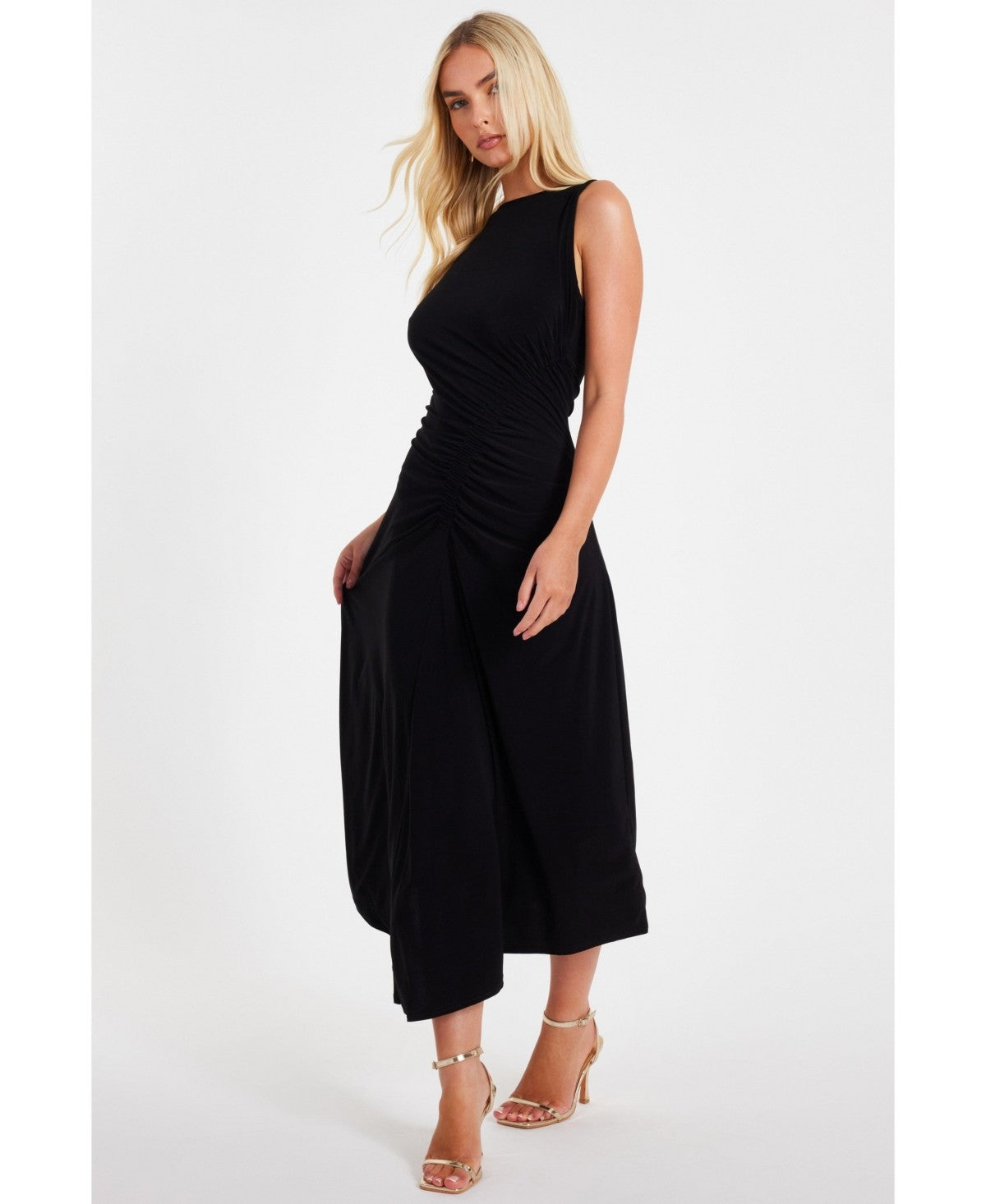 Quiz Womens Ity Ruched Detail MIDI Dress - Black, Size 14