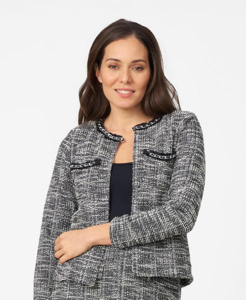 Cable and Gauge Womens Chain Detail Boucle Lady Jacket - Black and White Boucle, XL