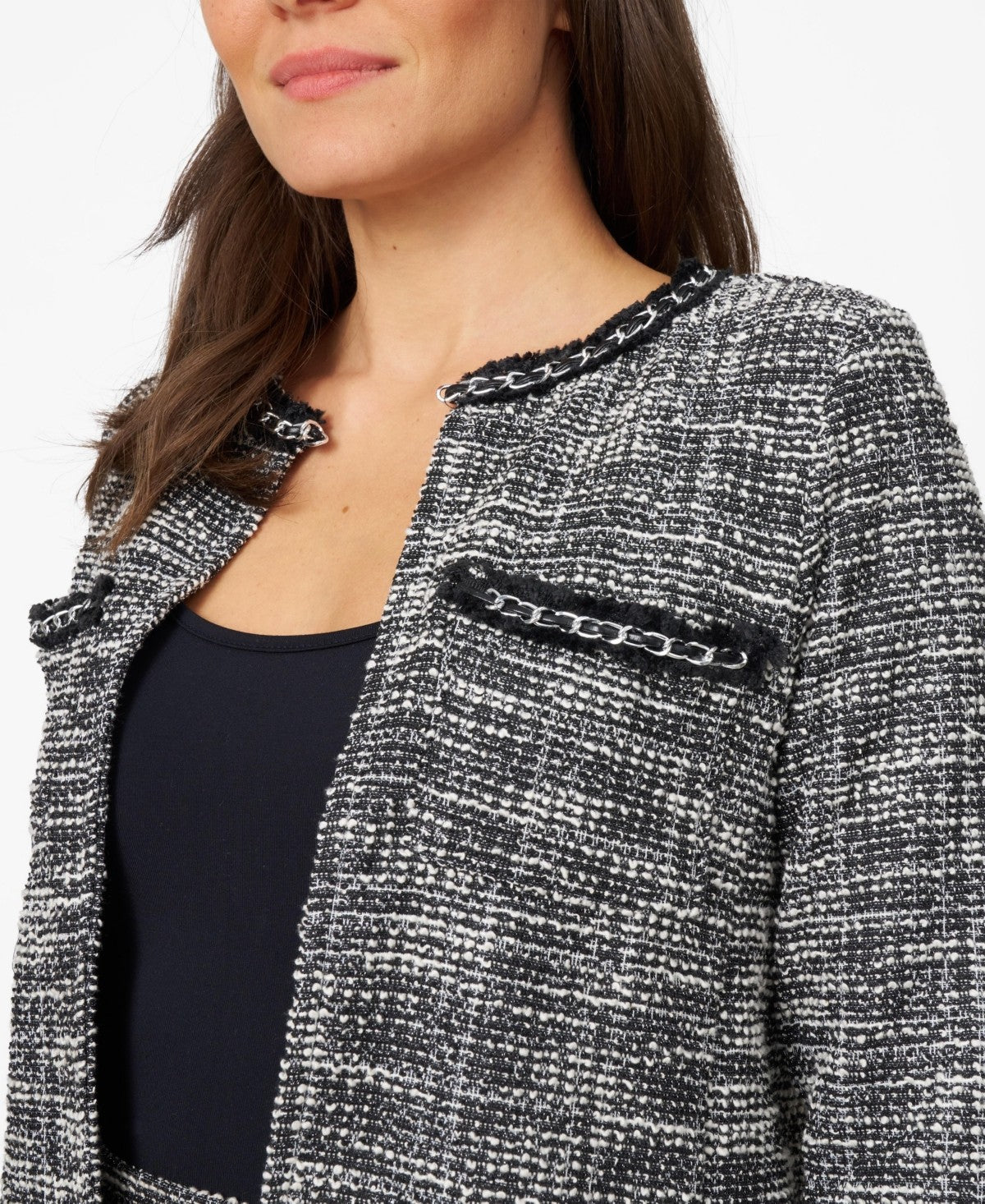 Cable and Gauge Womens Chain Detail Boucle Lady Jacket - Black and White Boucle, XL