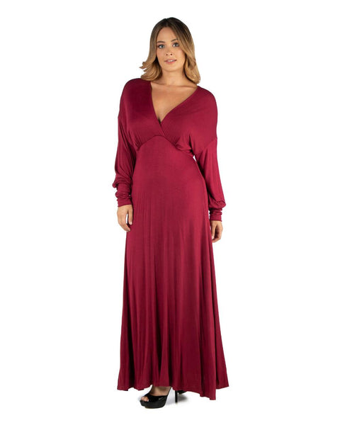 24Seven Comfort Apparel Womens Plus Size Formal Long Sleeve Maxi Dress, Red, 2X