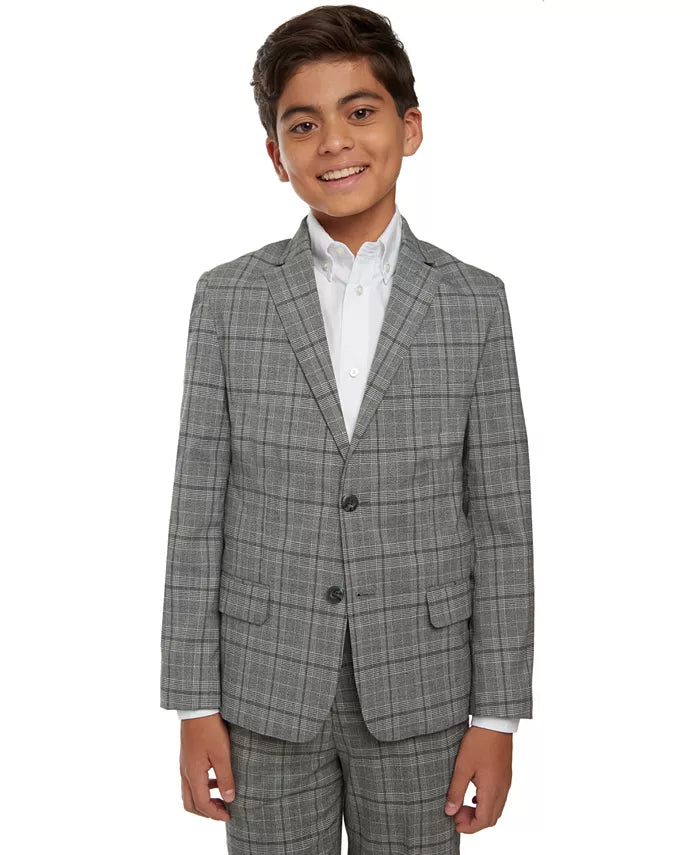 Tommy Hilfiger Big Boys Stretch Windowpane Plaid Suit Jacket, Black, Size 16