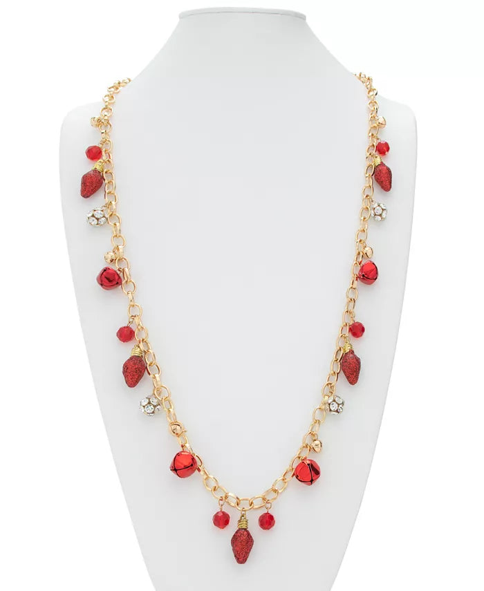 Holiday Lane Gold-Tone Crystal and Bead Jingle Bell 36 Statement Necklace