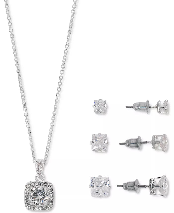 RH Macys Cubic Zirconia Square Pendant Necklace and 3-PC. Stud Earrings