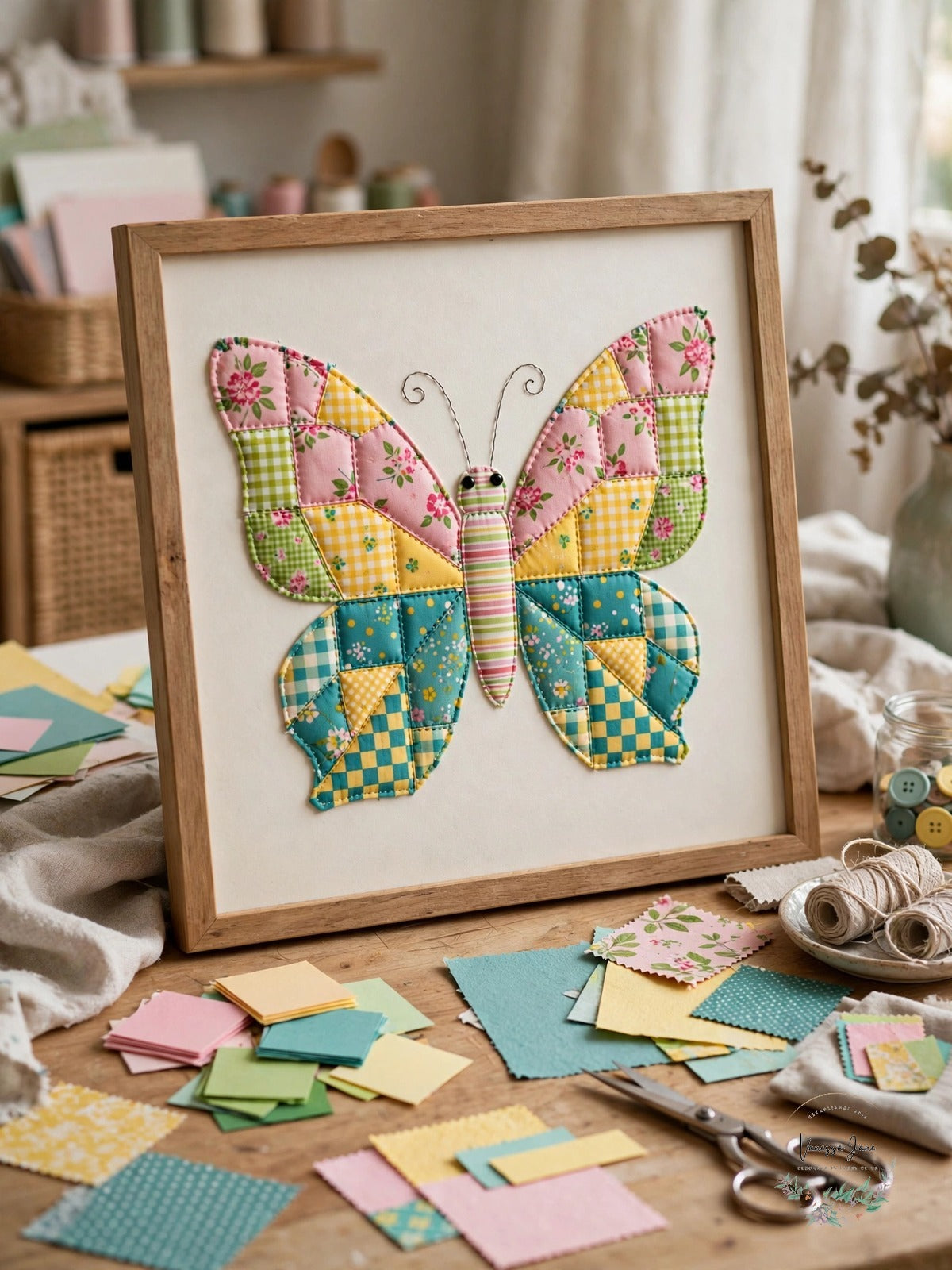 Framed butterfly paper quilt on craft table