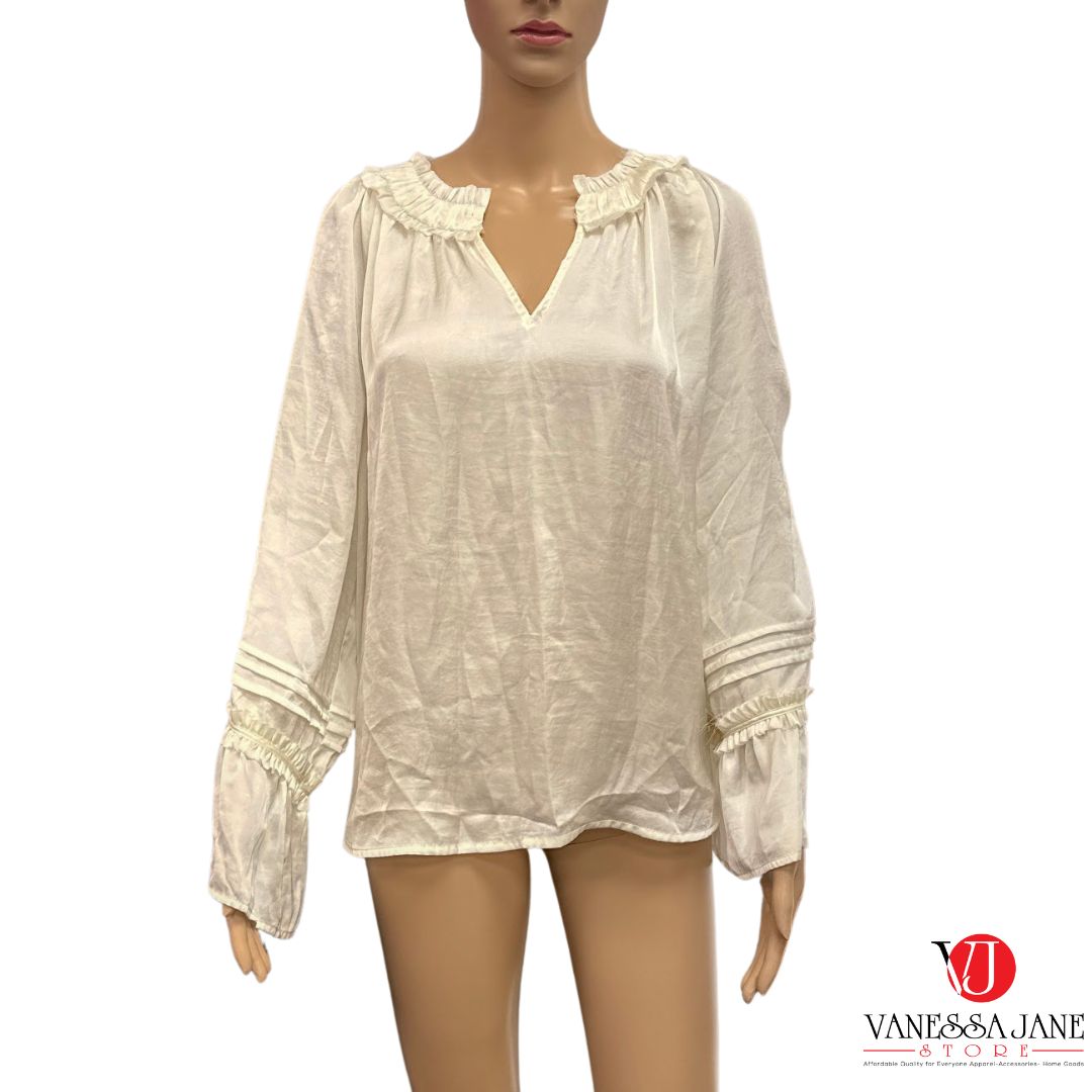 Vince Camuto Ruffle Sleeve Rumple Satin Blouse in New Ivory, Size Large