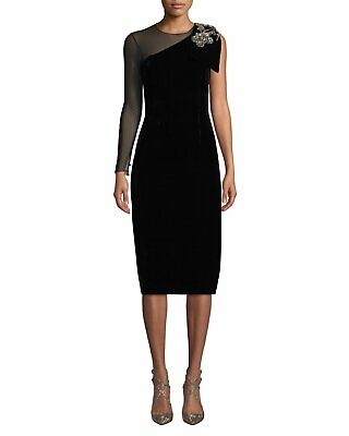 Sachin & Babi Noir Bali One-Shoulder Velvet Dress w/ Brooch, Size 8