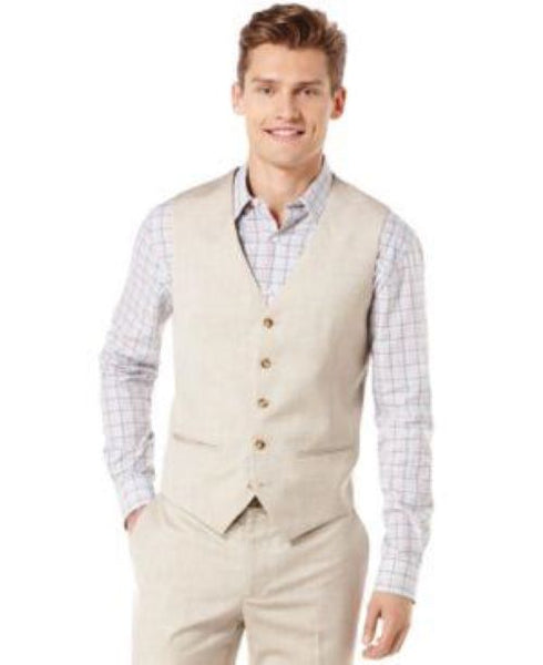 Perry Ellis Mens Texture Vest - Natural Linen, Size Small