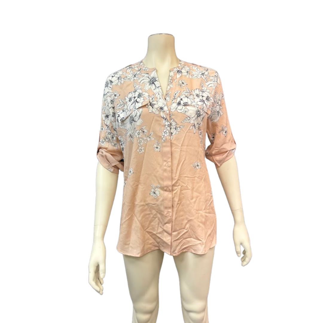 Calvin Klein Blush Multi Womens Roll Sleeve Shirt, Size Medium