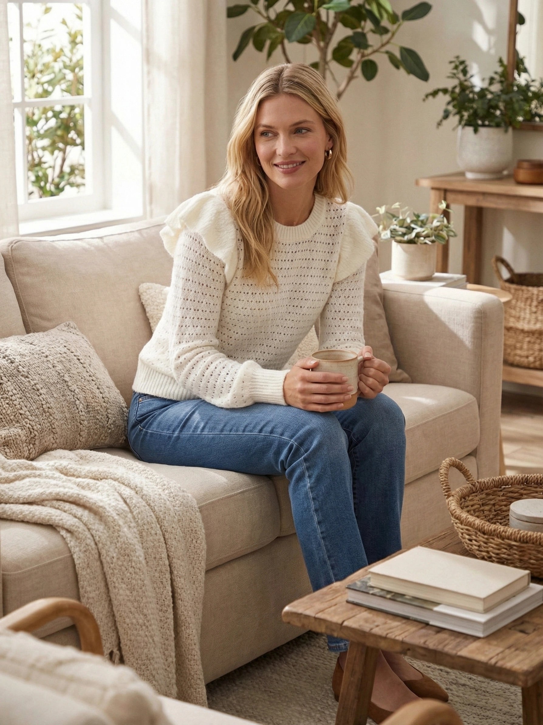 Ann Taylor LOFT Ruffle Sleeve Pointelle Sweater