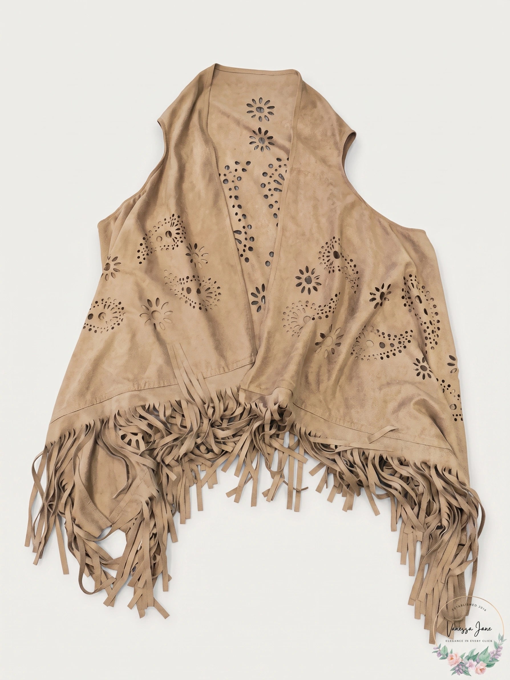 Anna and Ava Faux Suede Fringe Vest with Laser Cut Floral Pattern , OS