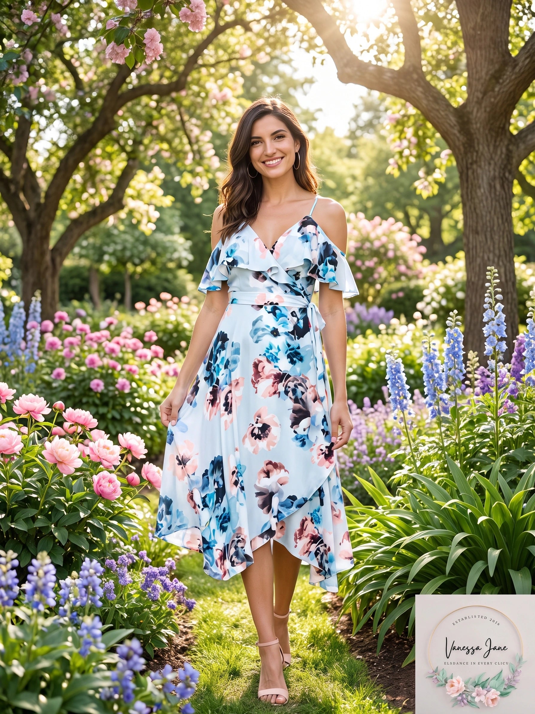 New Jennifer Lopez Blue Pink Floral Maxi Wrap Off Shoulder Dress Size Medium