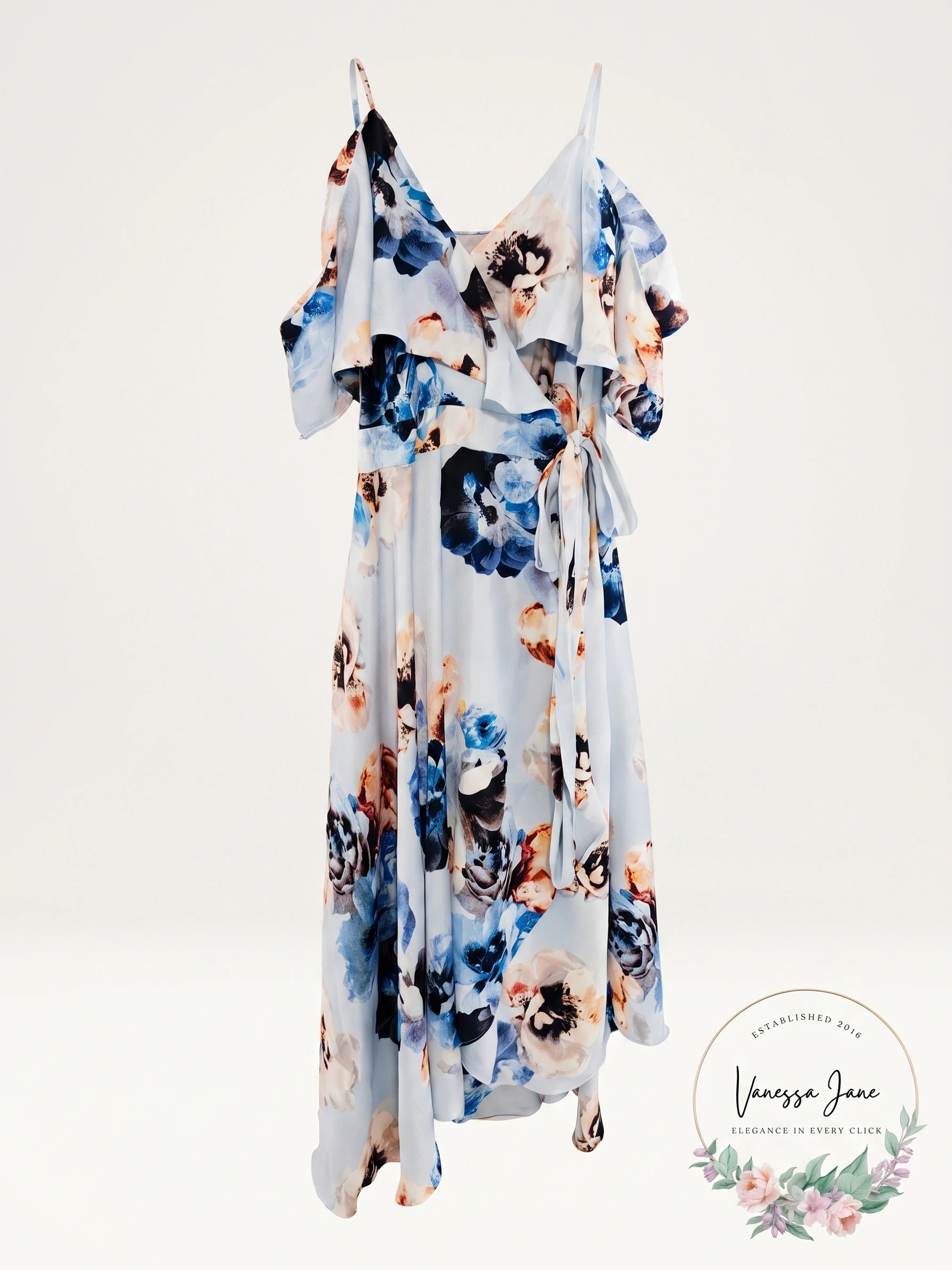 New Jennifer Lopez Blue Pink Floral Maxi Wrap Off Shoulder Dress Size Medium
