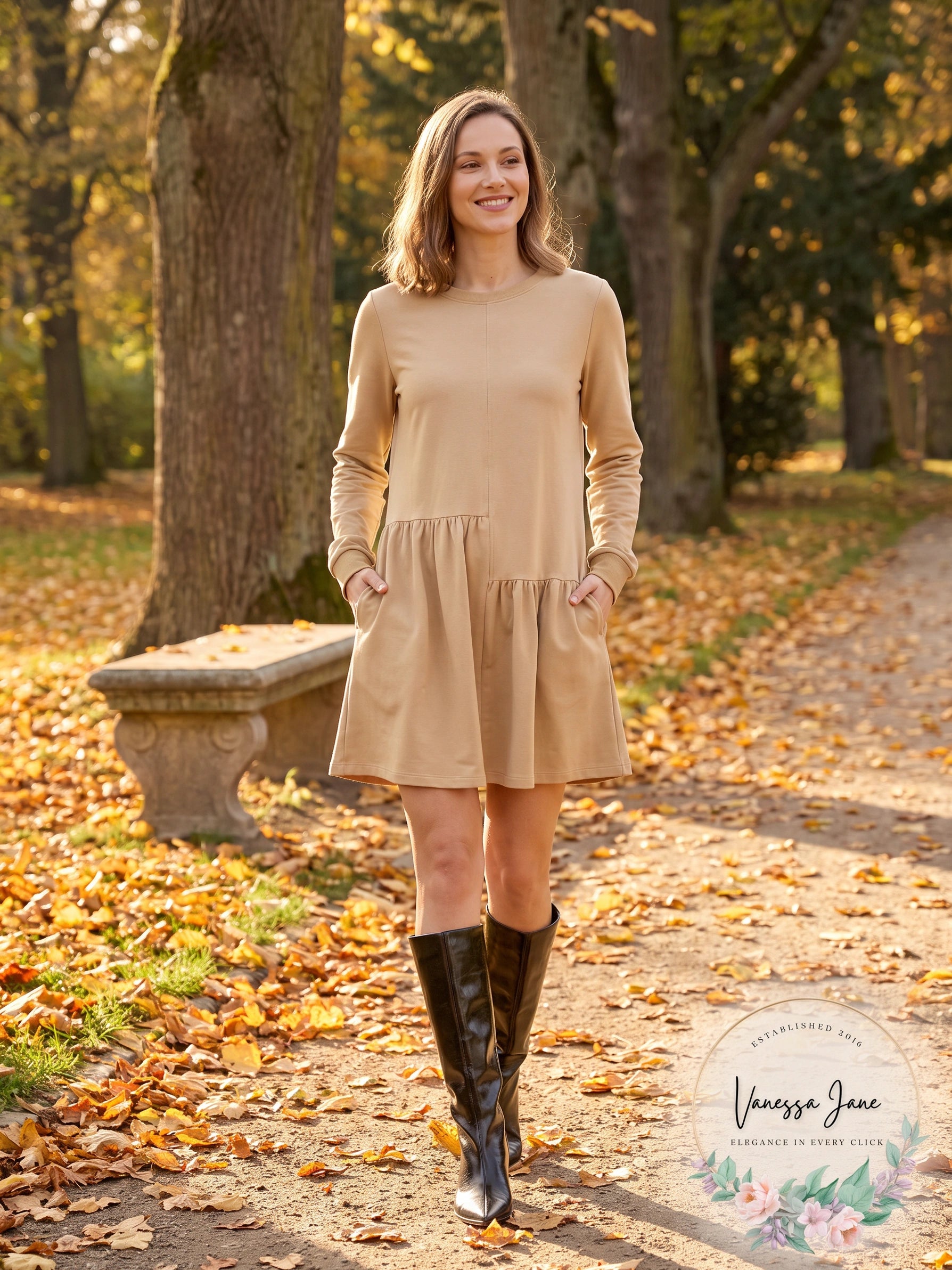 English Factory Knit Unbalanced Seam Dress - Tan, Size Medium