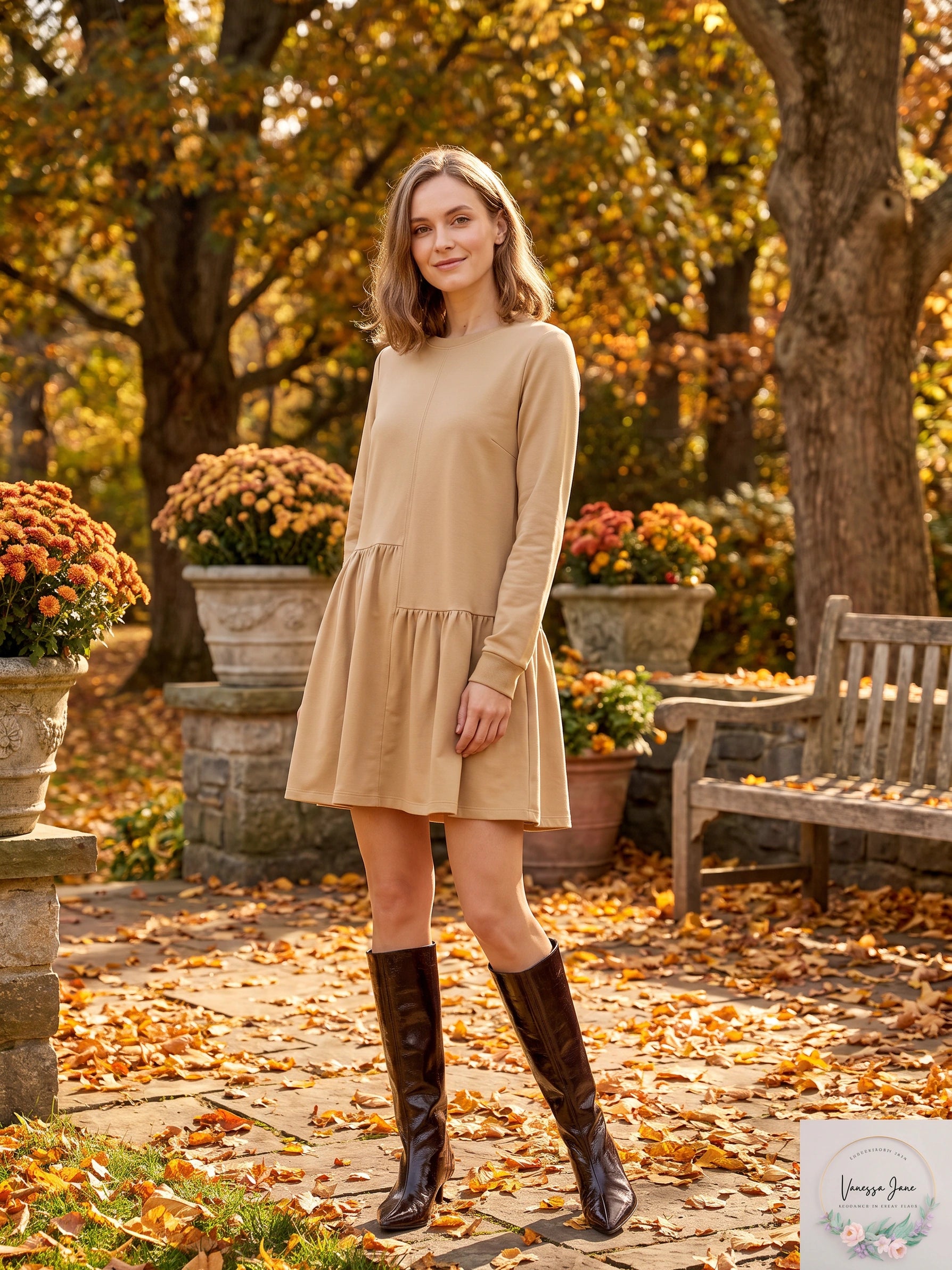 English Factory Knit Unbalanced Seam Dress - Tan, Size Medium