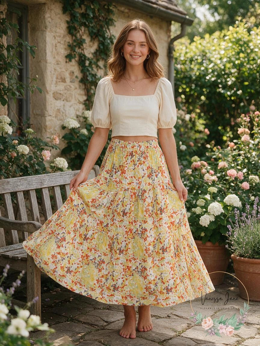Ophelia Roe Yellow Floral Smocked Maxi Skirt, Size Small