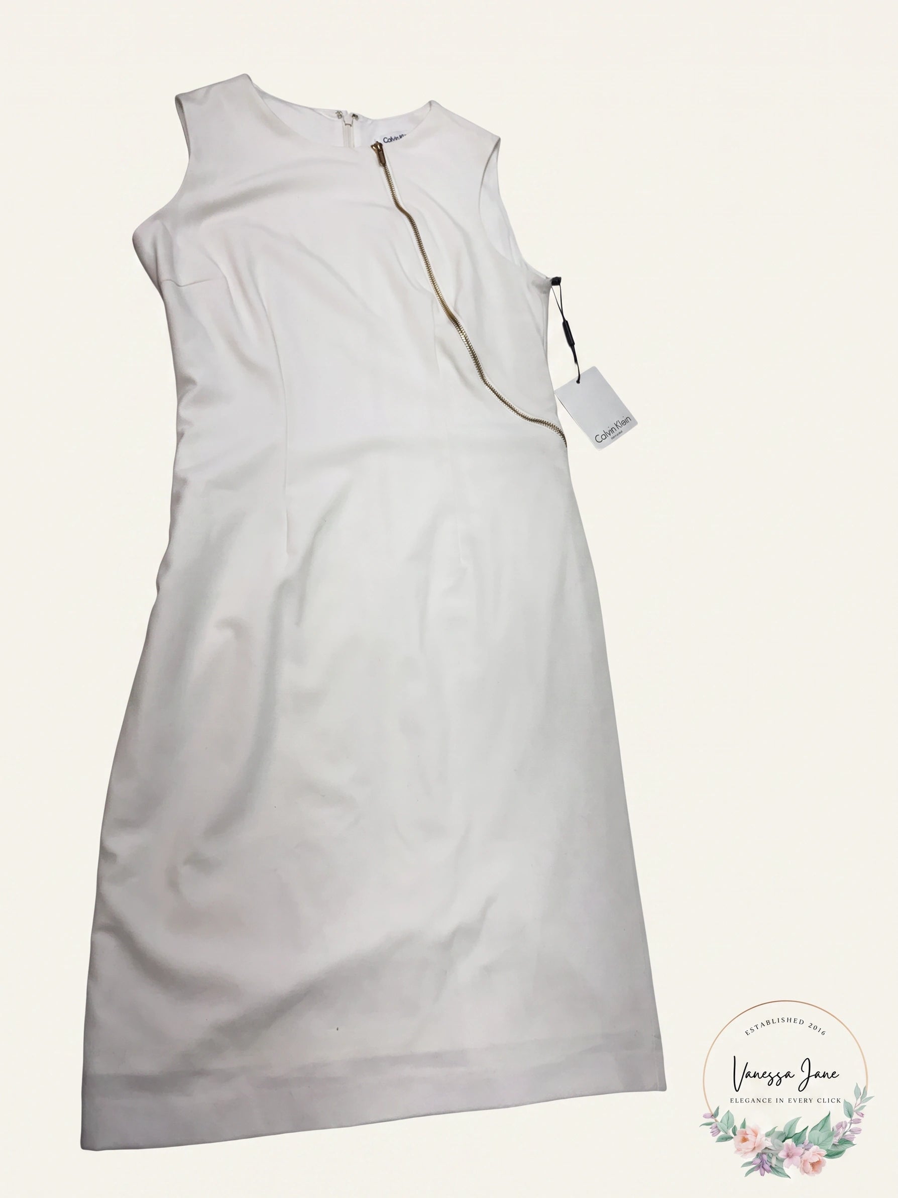 Calvin Klein White Bodycon Stretch Zipper Accent Lined Sleeveless dress, Size 2
