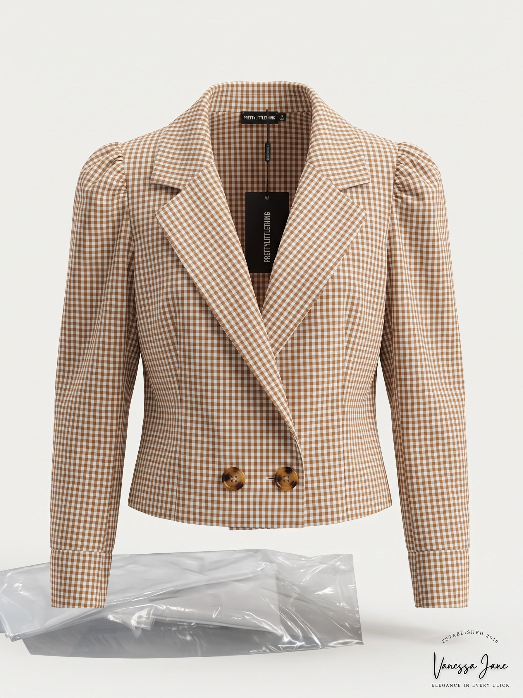 PrettyLittleThing brown and white gingham cropped blazer , Size 6