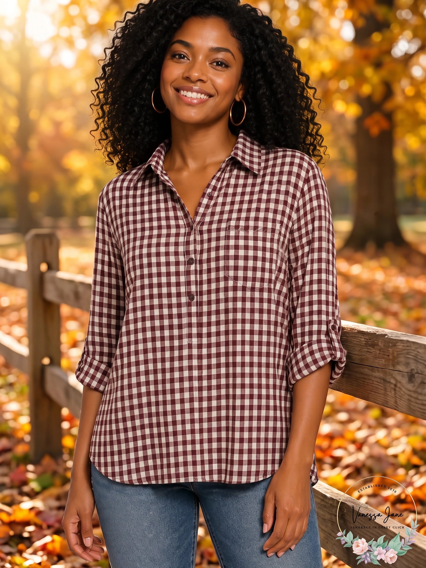 Cosmic Blue Love Women’s Plaid Half-Button Shirt, Size Small
