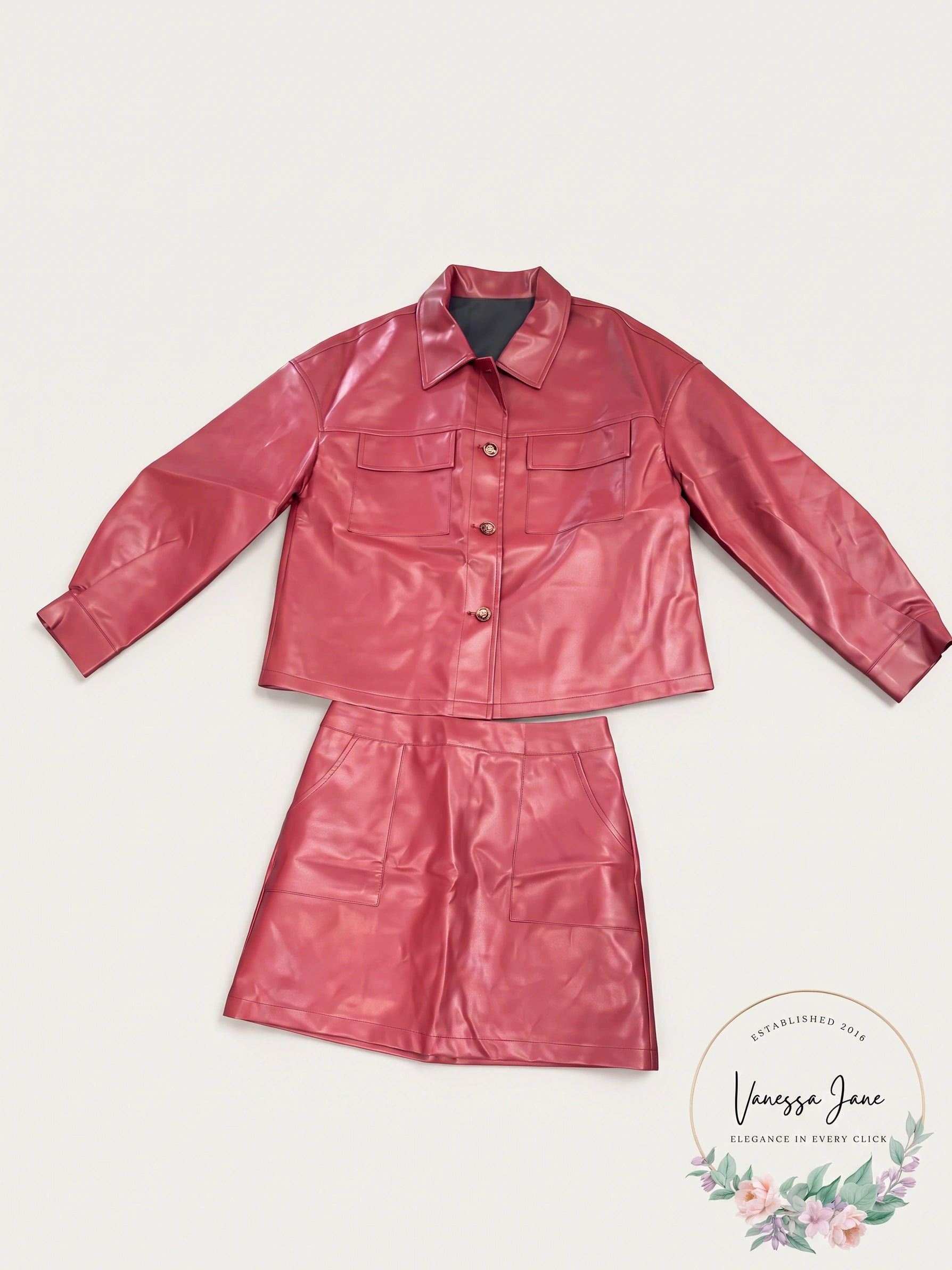 Lupita Cardoza 2pcs/Set PU Womens Jacket Coat Top And Mini Skirt,Small