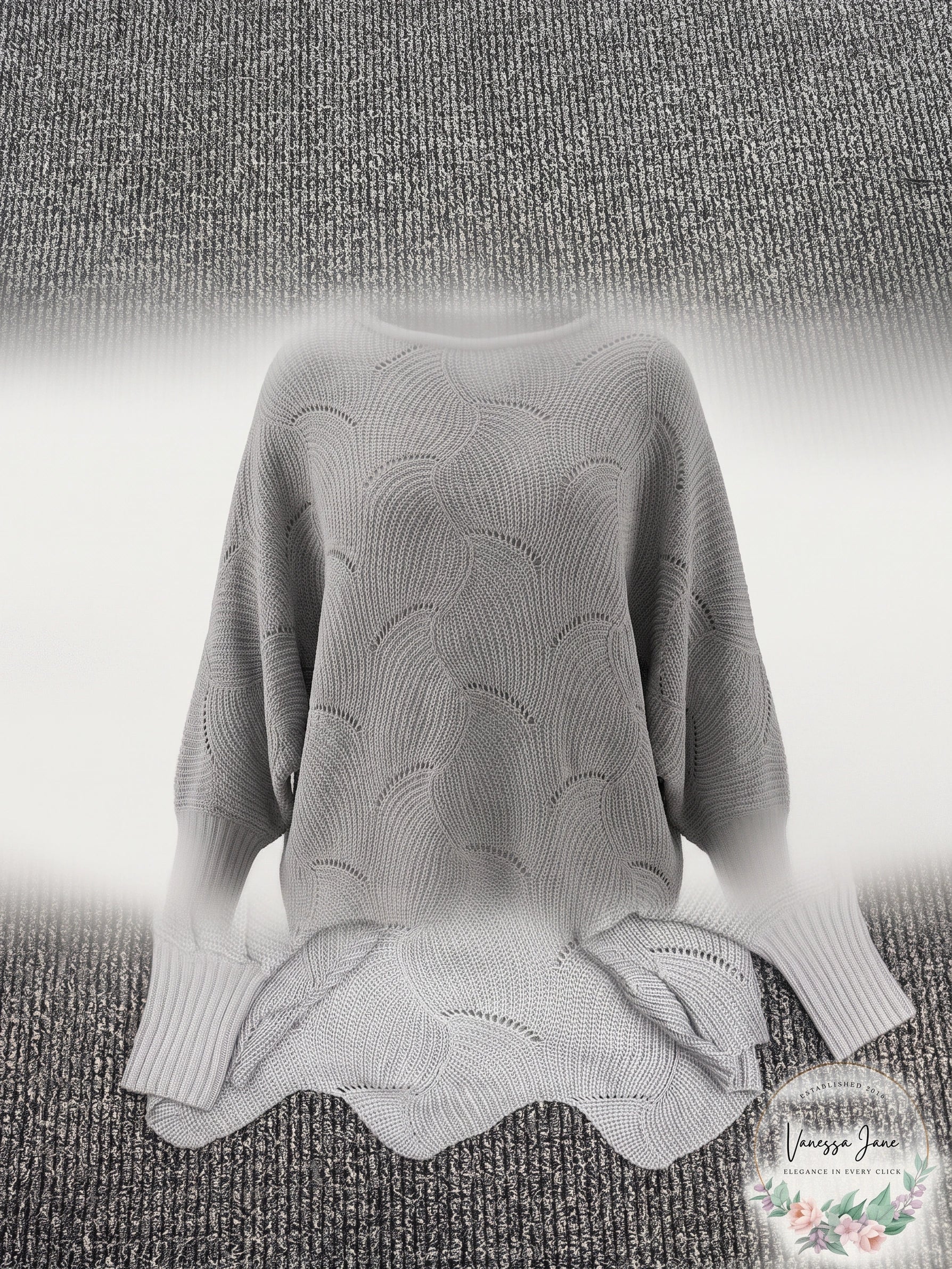 Grace Nicole Openwork Boat Neck Sweater with Scalloped Hem, Small