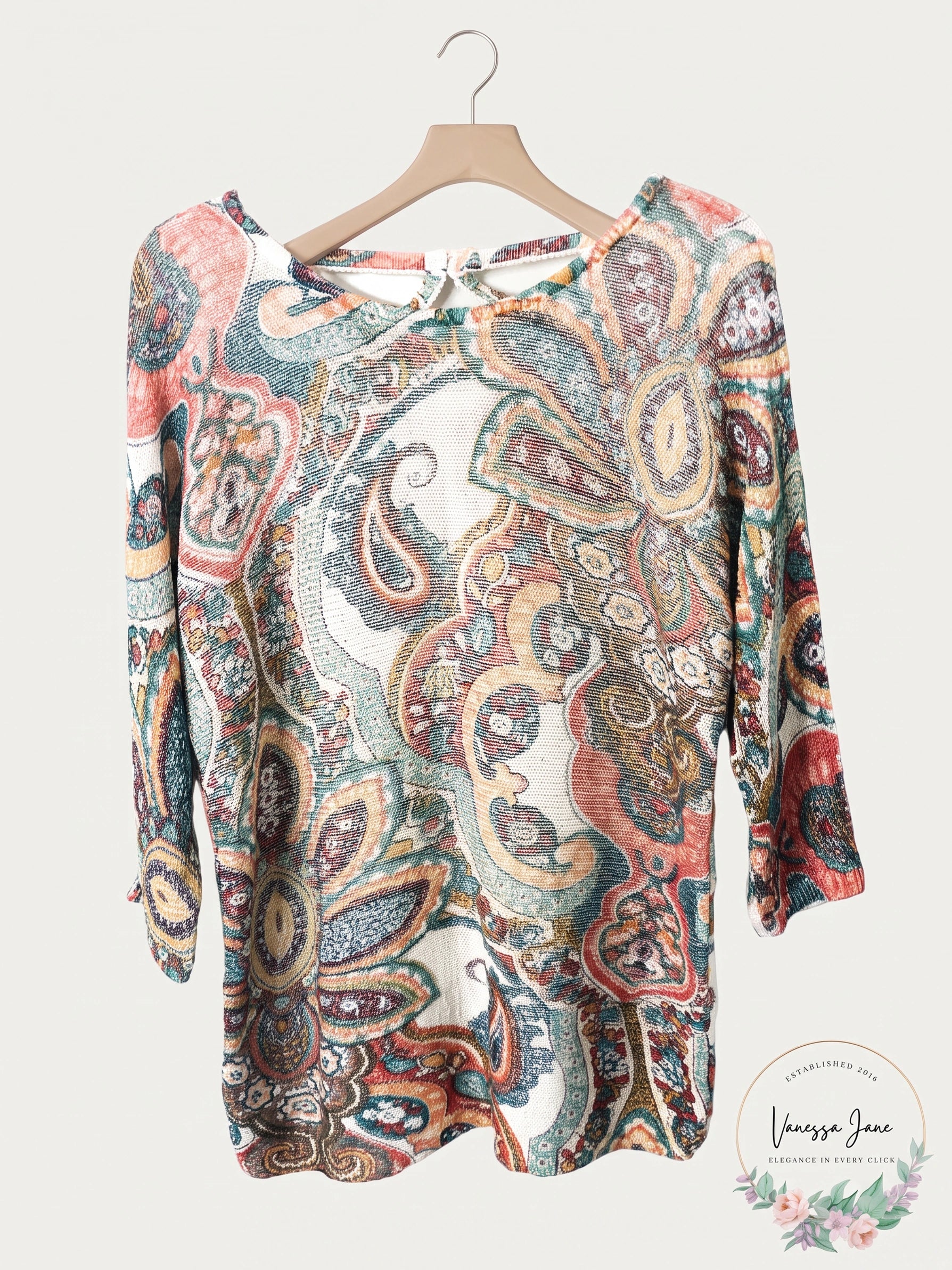 Chicos Womens Paisley Cross-Back Detail 3/4 Sleeve Sweater Size 1 (Medium)