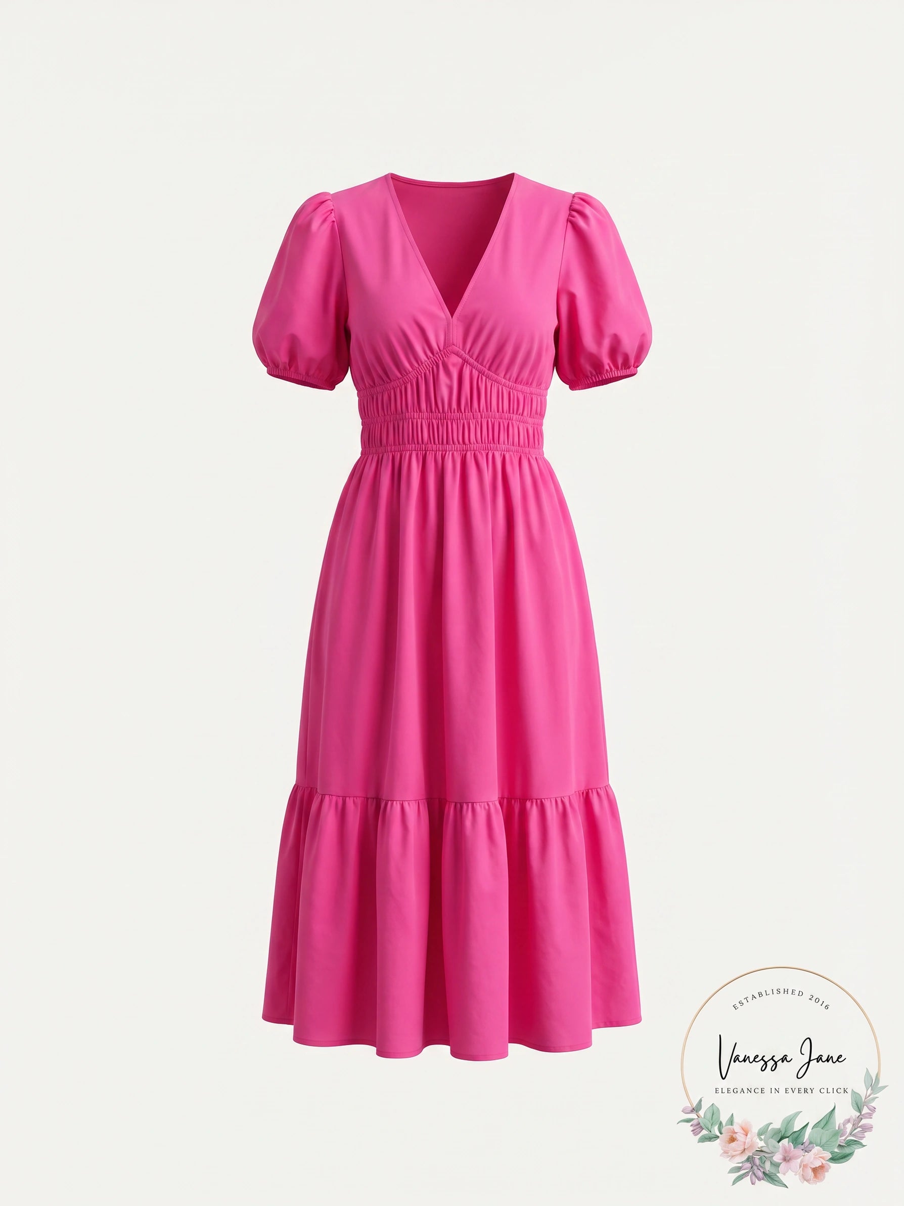Cosmic Beauty Pink V-Neck Puff-Sleeve Midi Dress, Size Small