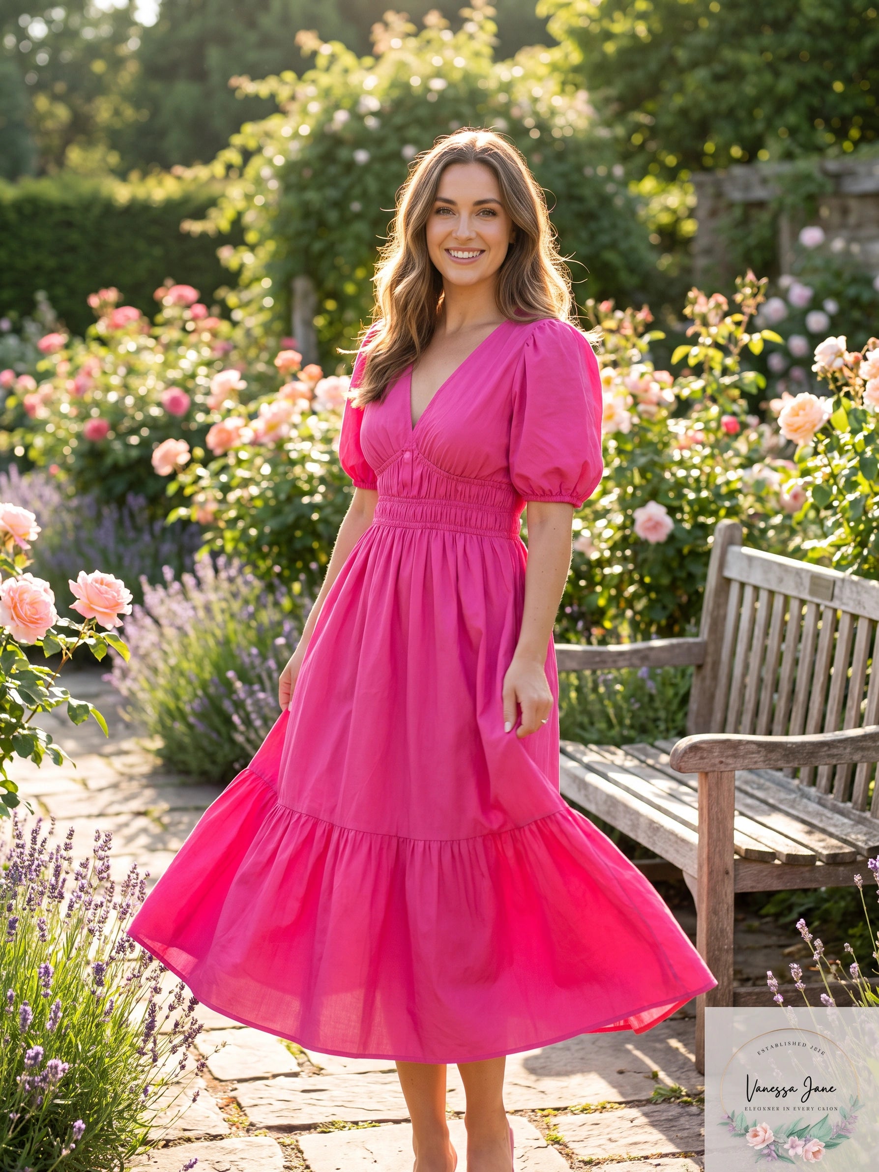 Cosmic Beauty Pink V-Neck Puff-Sleeve Midi Dress, Size Small