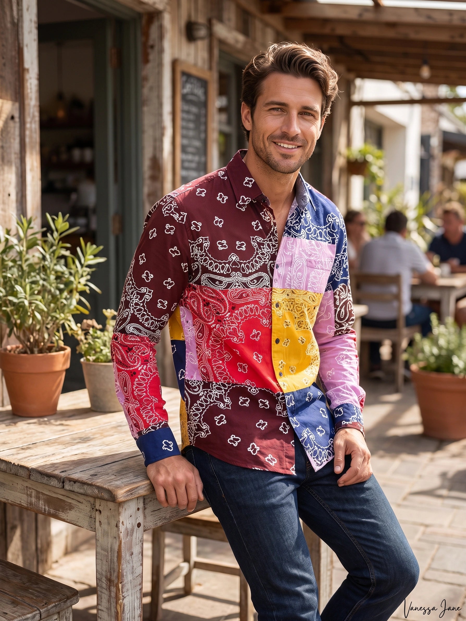 Sun + Stone Men’s Patchwork Paisley Bandana Print Long, Sleeve Shirt, Small