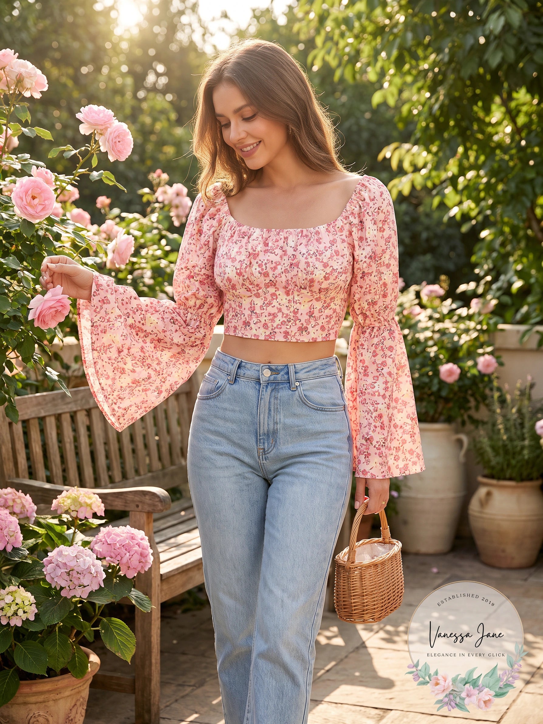 SHEIN Women’s Pink Ditsy Floral Print Crop Top, Size Large
