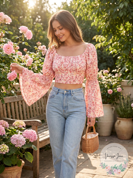 SHEIN Women’s Pink Ditsy Floral Print Crop Top, Size Large