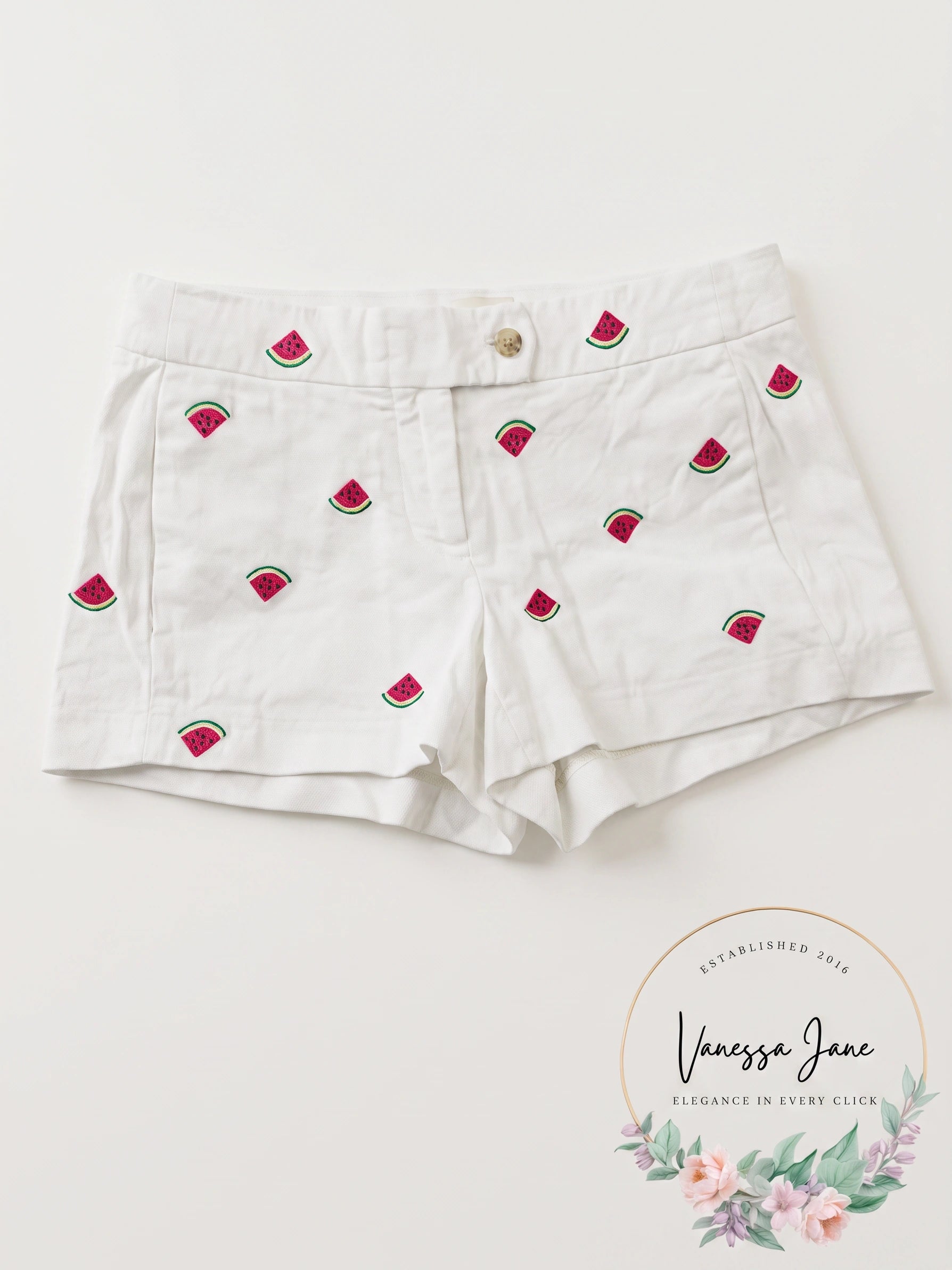 J.Crew White Watermelon Embroidered Chino Shorts,Size 00