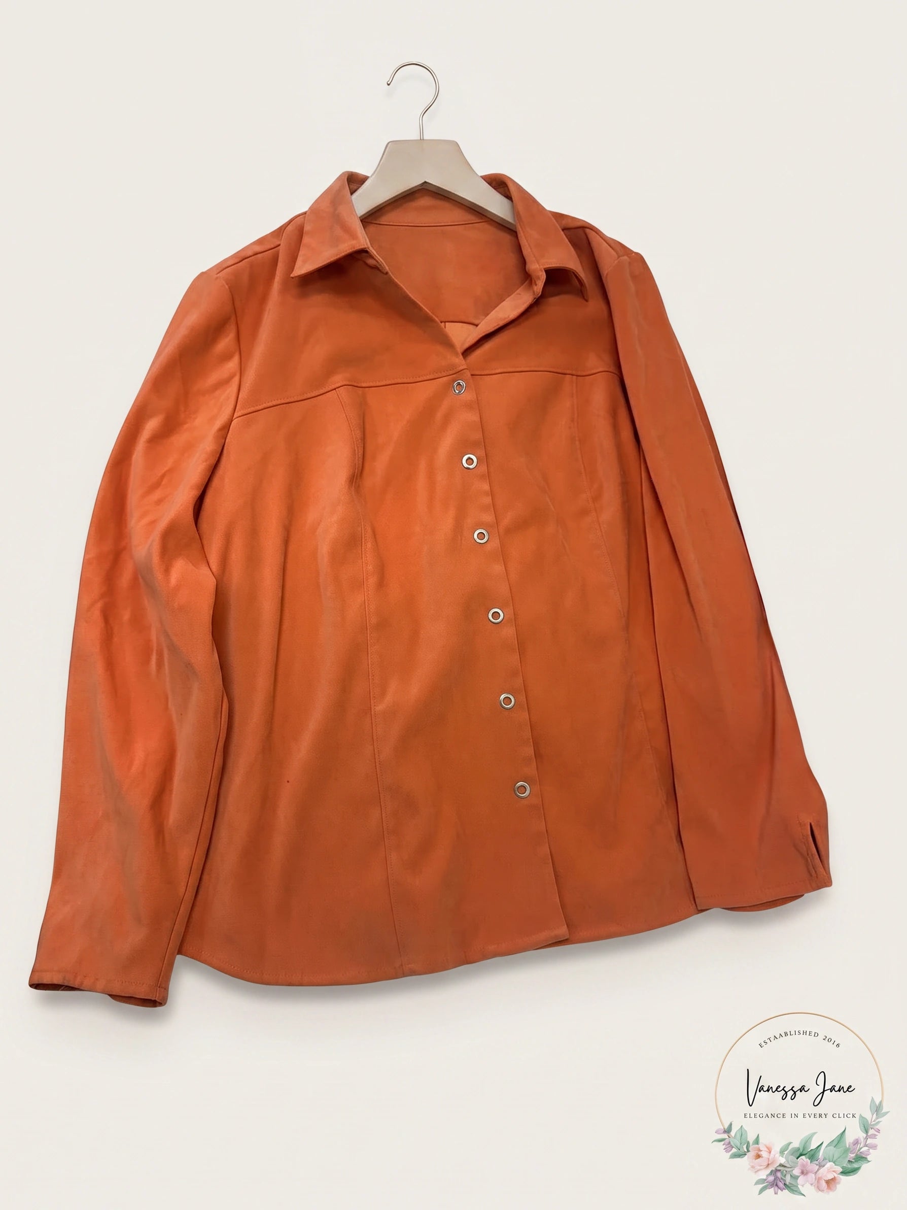 Fashion Bug Vintage Women’s Burnt Orange Faux Suede Long-Sleeve Button-Up Shirt,