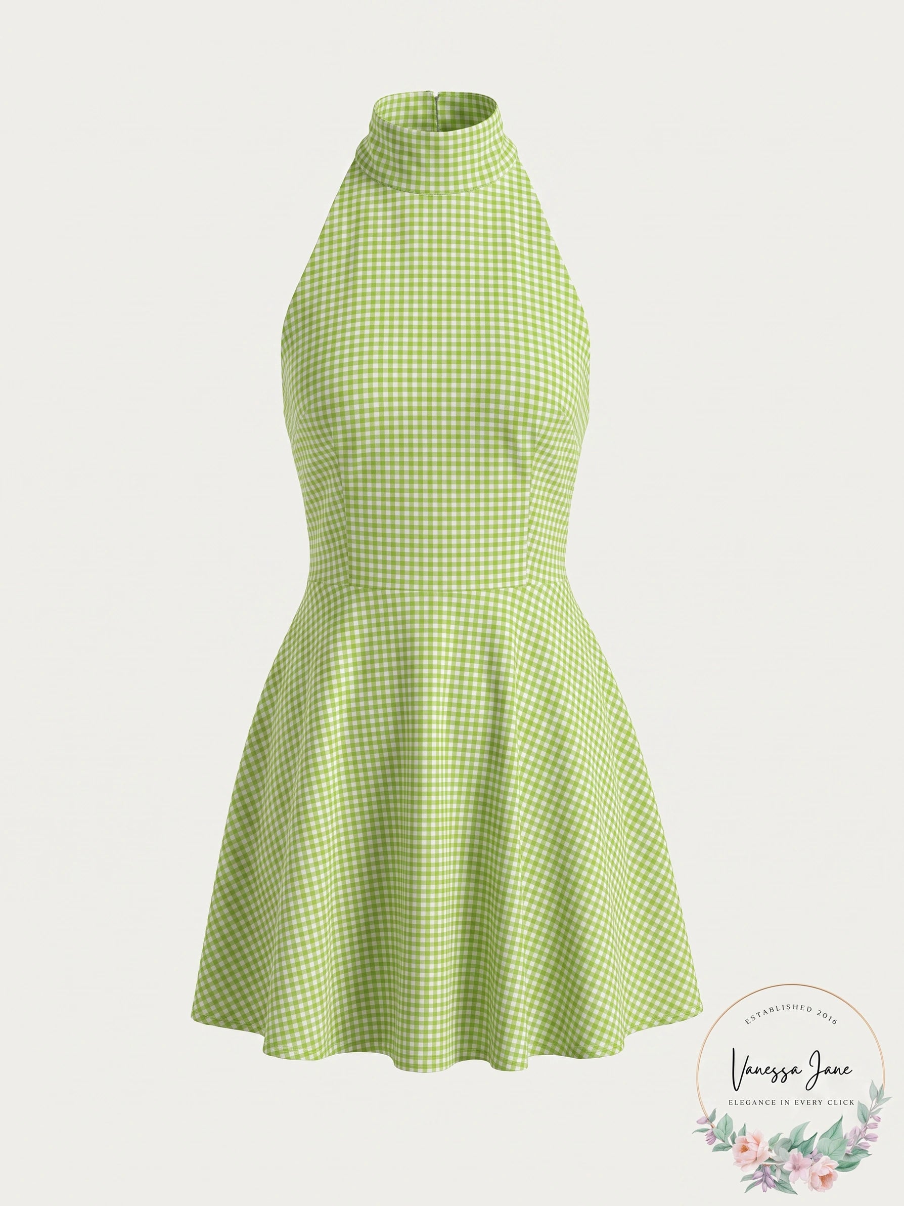 Nissa New York Women’s Green Gingham Halter Mini Dress, Size Small