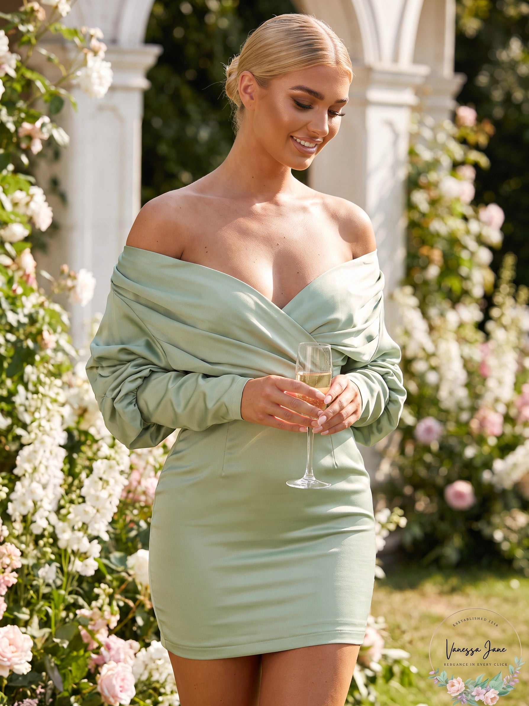 PrettyLittleThing Women’s Sage Green Puff Sleeve Dress, Size 8