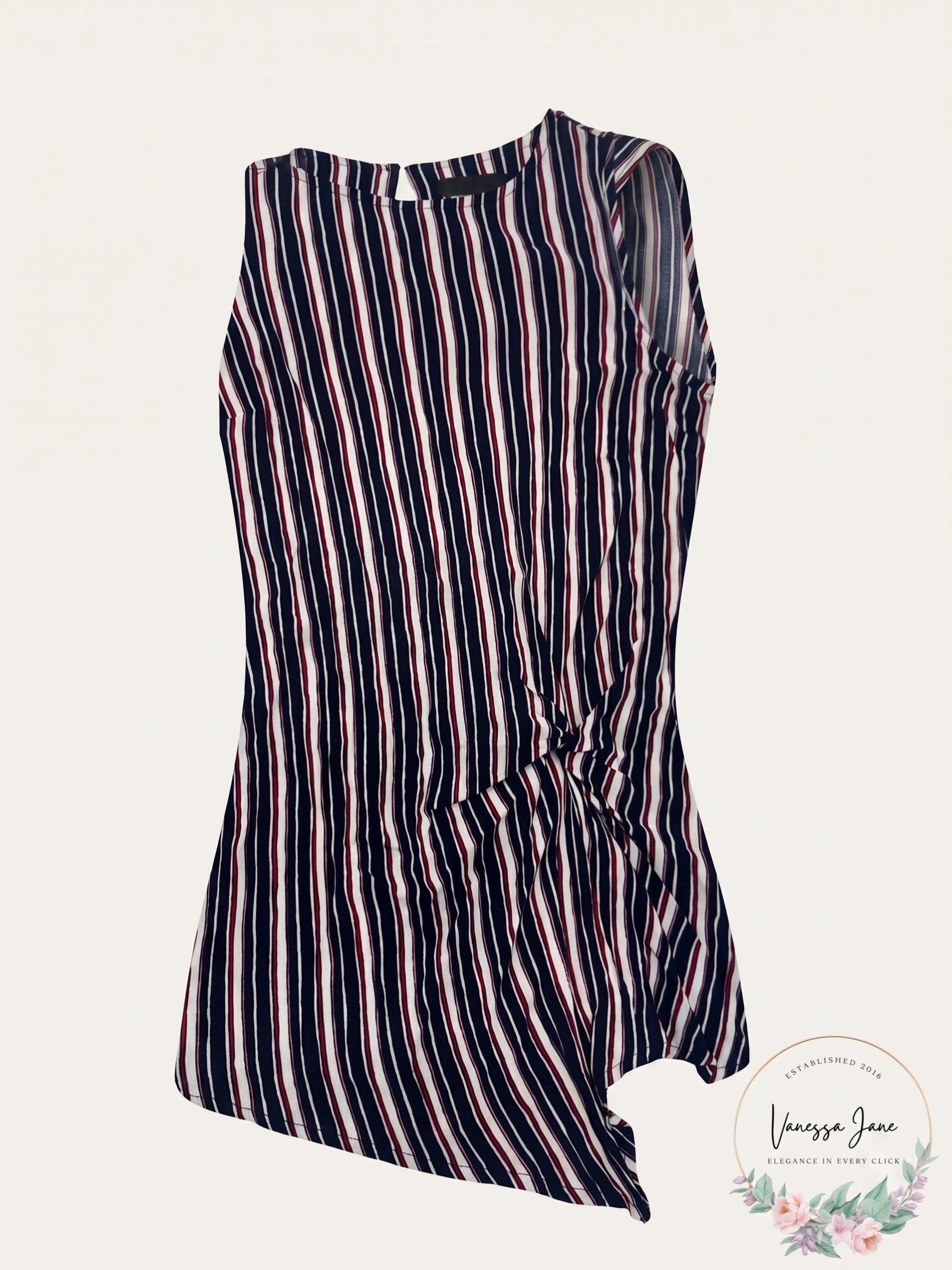 Roz and Ali Women’s Sleeveless Navy and Red Striped Top, Size Medium