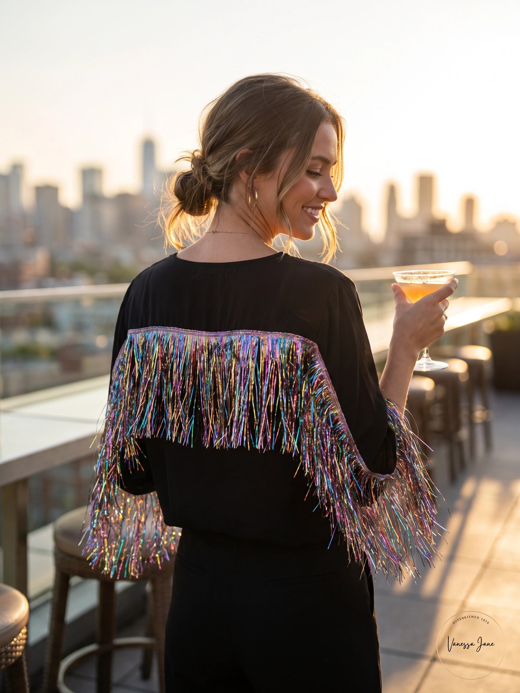 ASOS Women’s Black Festival Top with Metallic Rainbow Tinsel Fringe, Size XS