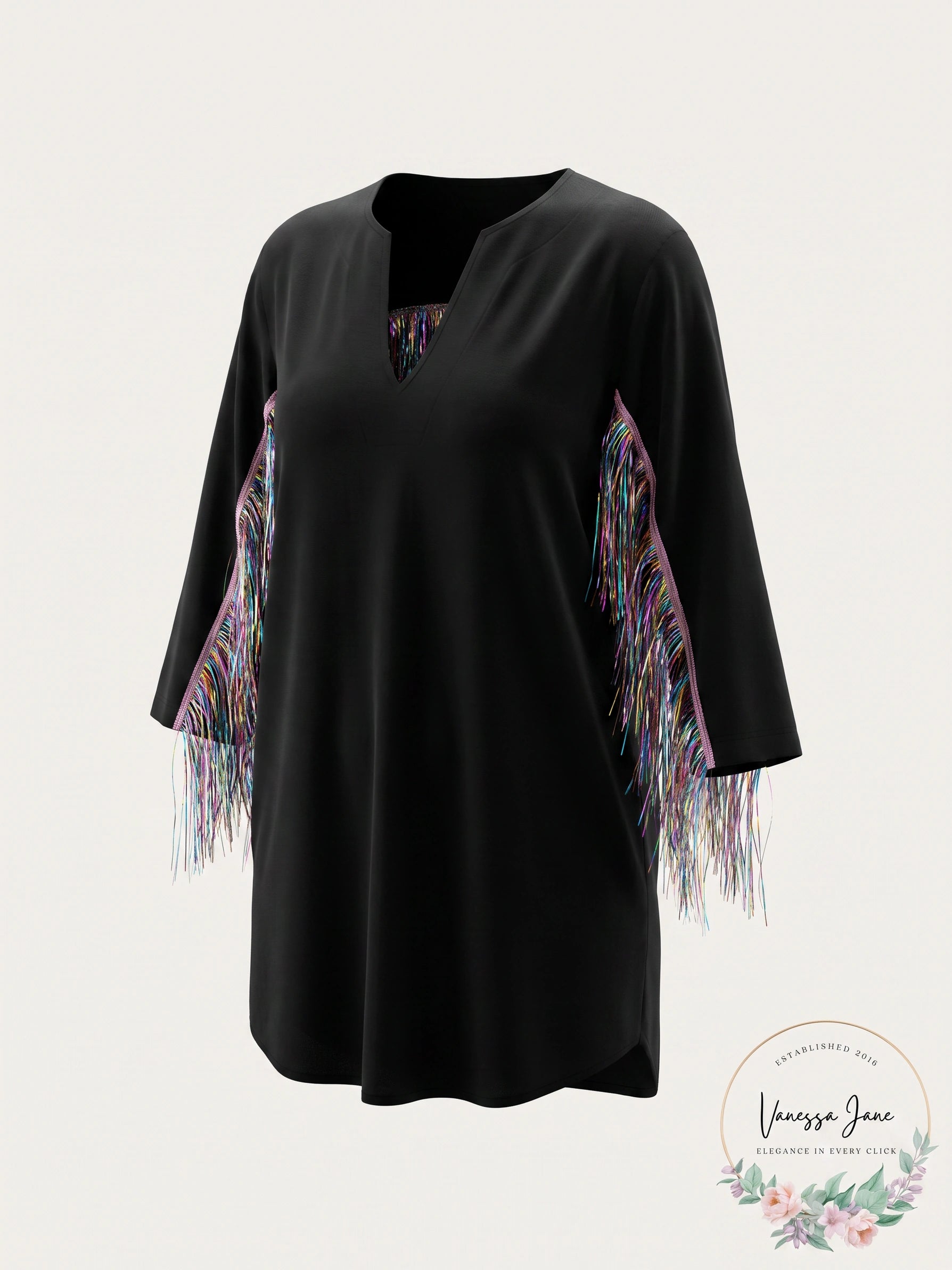 ASOS Women’s Black Festival Top with Metallic Rainbow Tinsel Fringe, Size XS