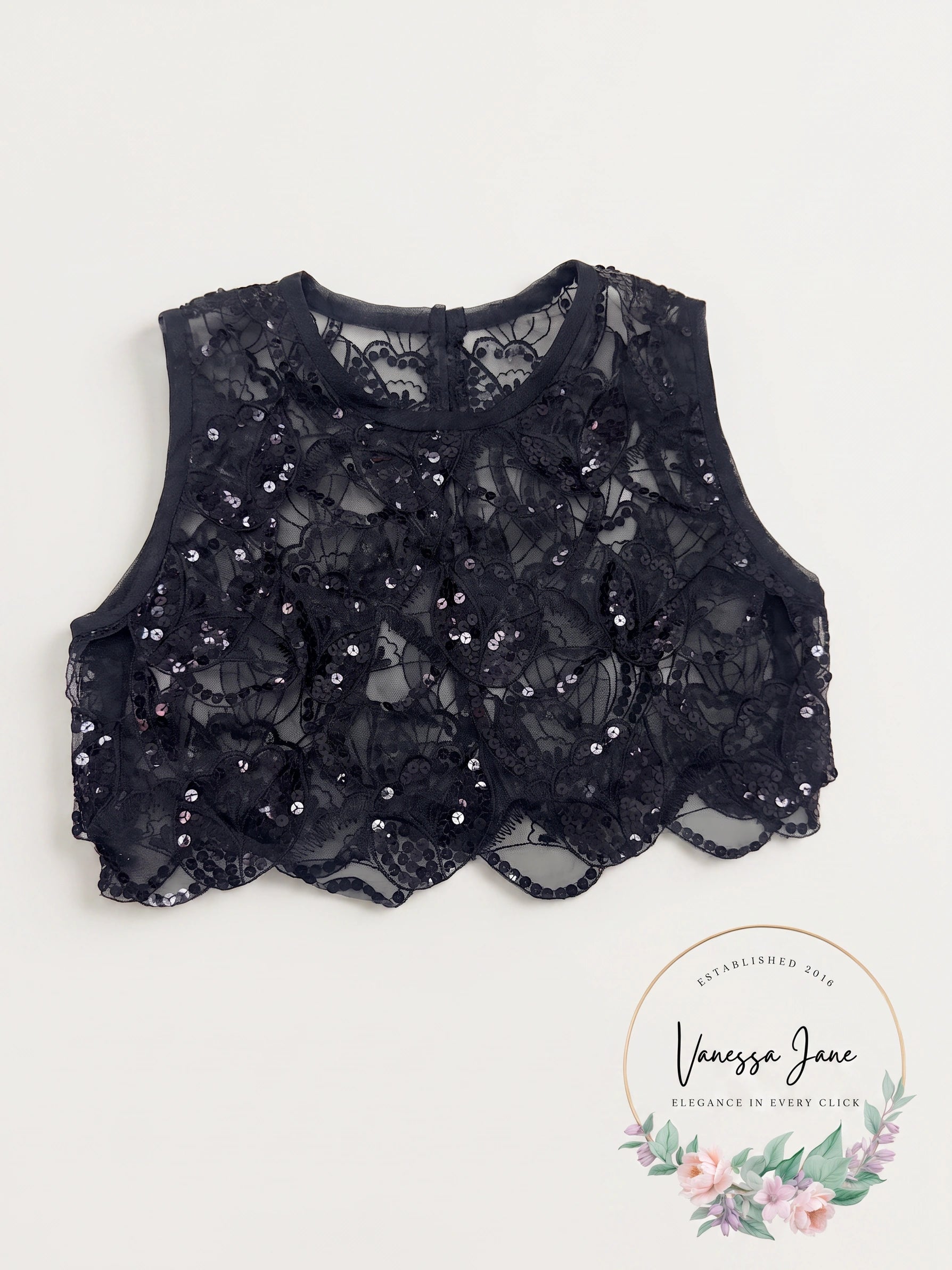 Sheer Embroidered Sequin Tank Top,Medium