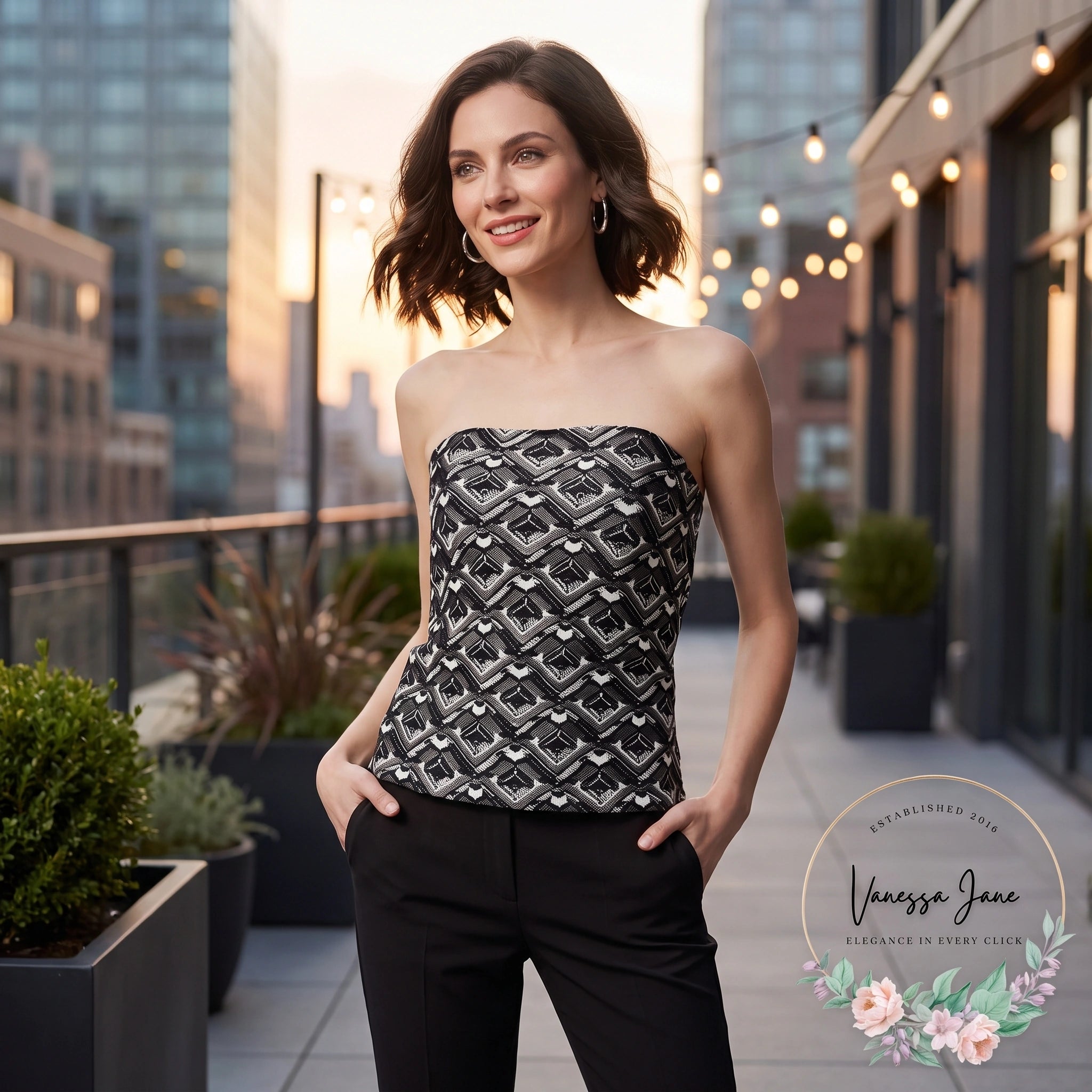 WHBM Womens Black and White Graphic Print Bustier, Size 6