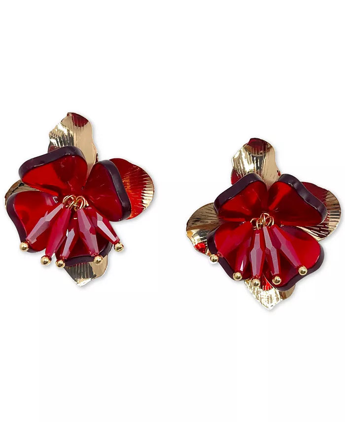 Inc International Concepts Gold-Tone Red Flower Stud Earrings