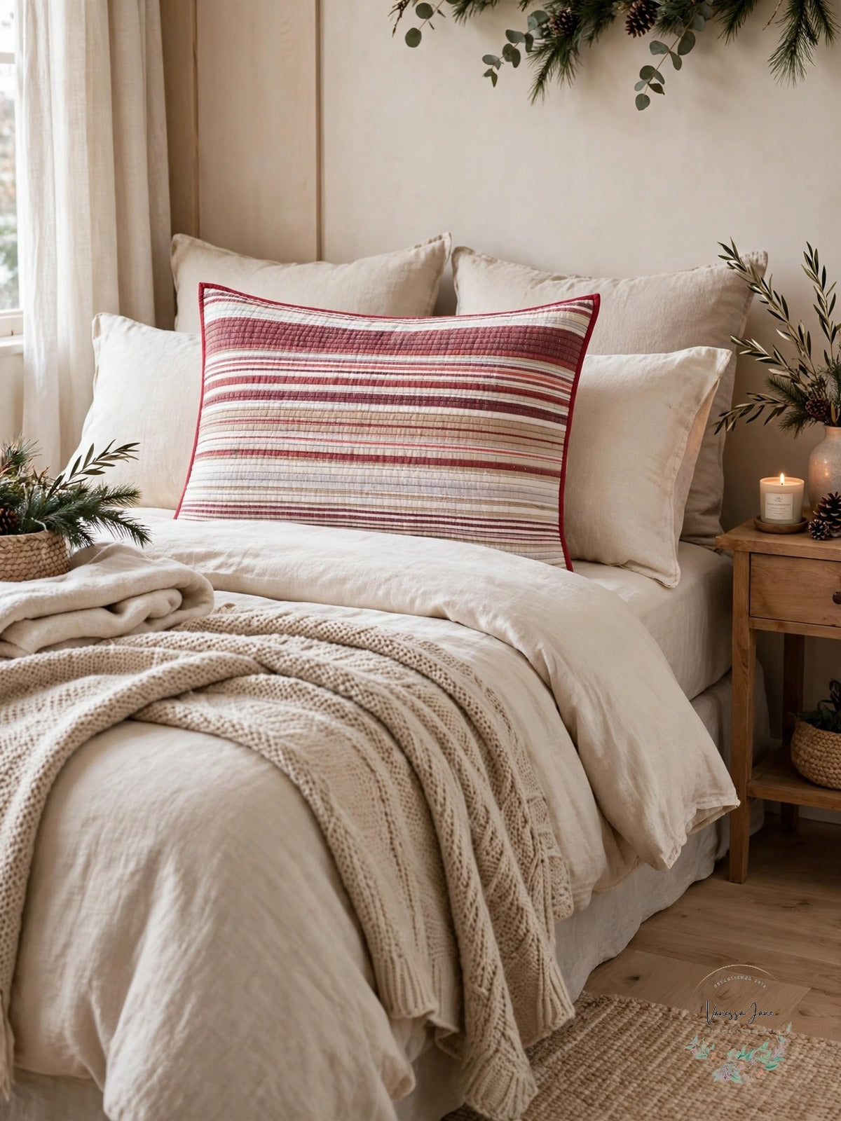 Red striped king sham on bed