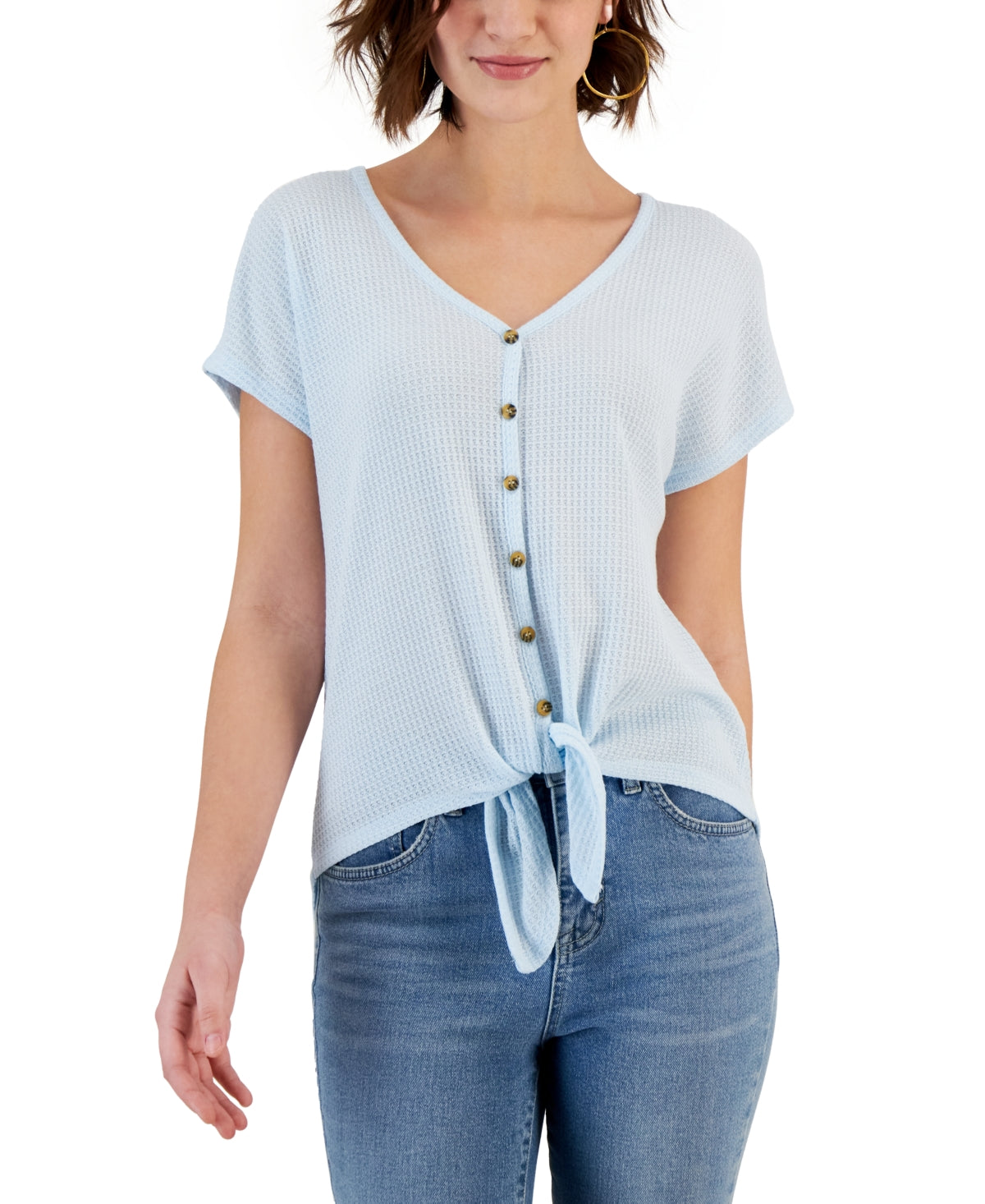 Hippie Rose Juniors Tie-Front Button-Trimmed Top